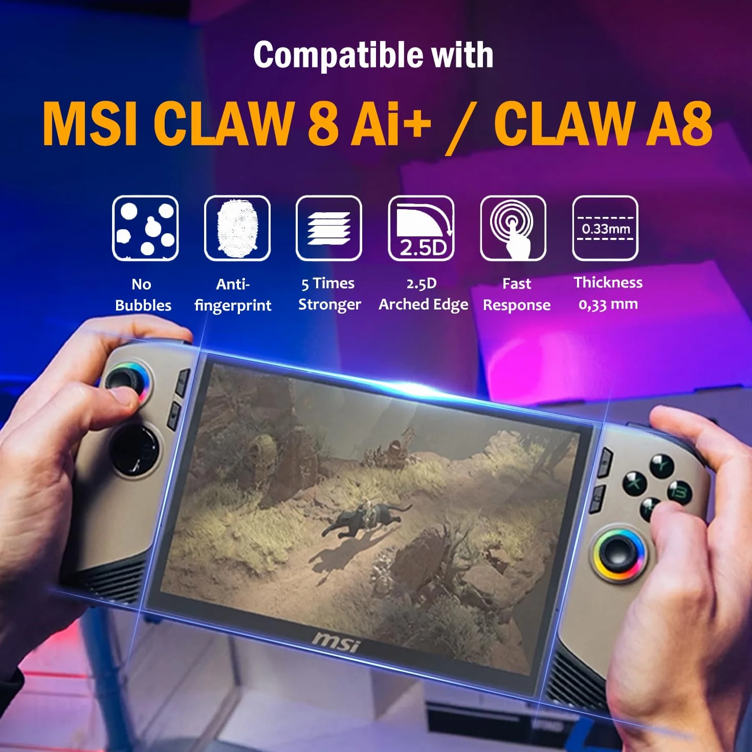 Protecteur d'écran en verre trempé 9H pour MSI Claw A8/Claw 8 AI+ A2VM 2025 (8"), Lot de 2, anti-rayures