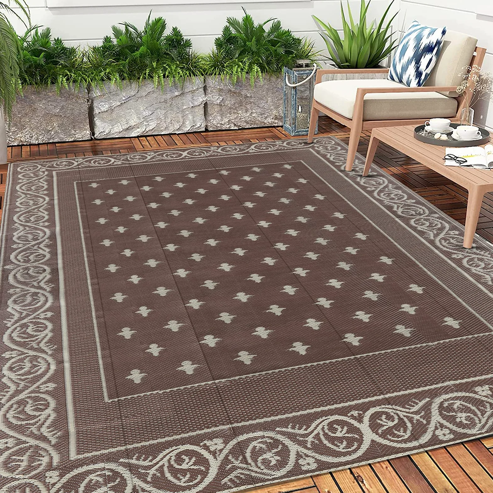Pauwer Grand tapis de sol réversible en plastique imperméable de 2,7 x 3,6 m, pour extérieur, camping-car, jardin, terrasse, jardin, terrasse, pique-nique, plage, remorque, camping - Marron