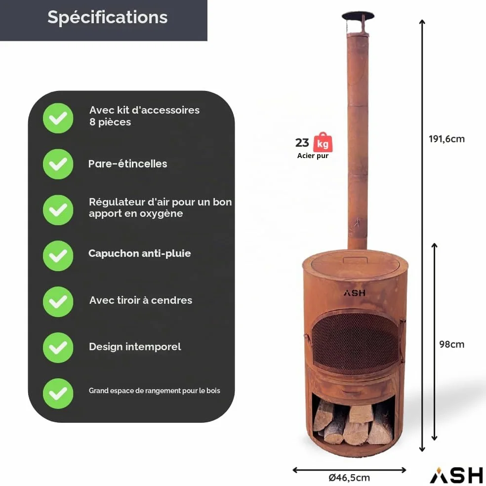 Foyer de terrasse - Poêle à bois - Barbecue - Chauffage de terrasse - Cheminée de jardin avec cheminée - Acier Corten - Ash Sunset