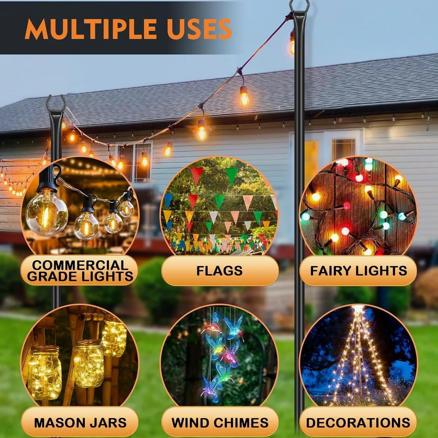 HoldOneLight Poteau pour guirlande lumineuse pour terrasse - Lot de 2 unités - 2,99 m en acier résistant - Support pour suspendre des lumières extérieures, jardin, cour, arrière, idéal pour fêtes