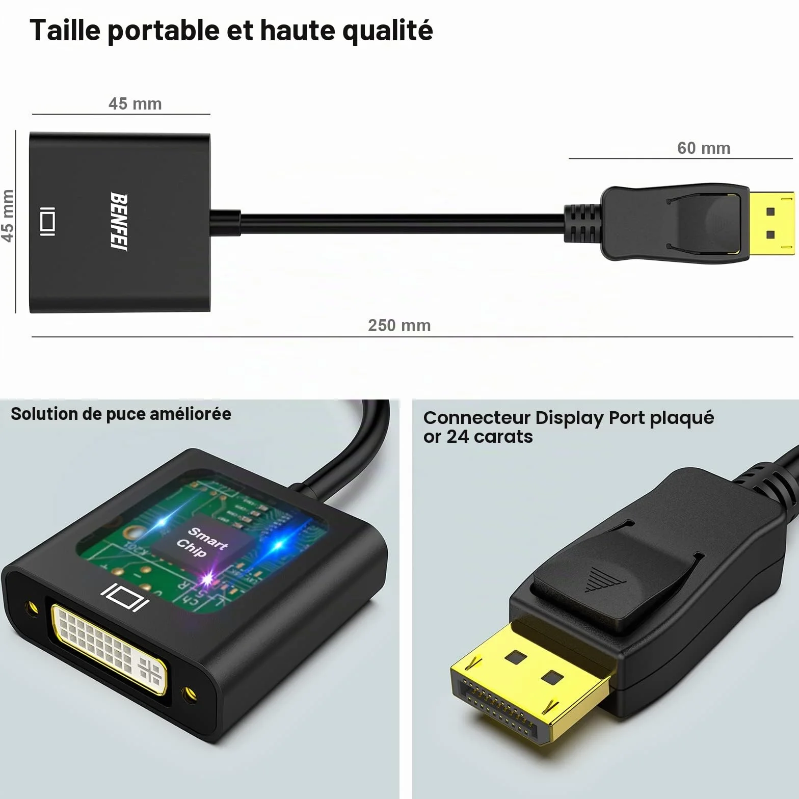 BENFEI Adaptateur DisplayPort vers DVI-D mâle vers Femelle Noir Compatible Lenovo Dell HP