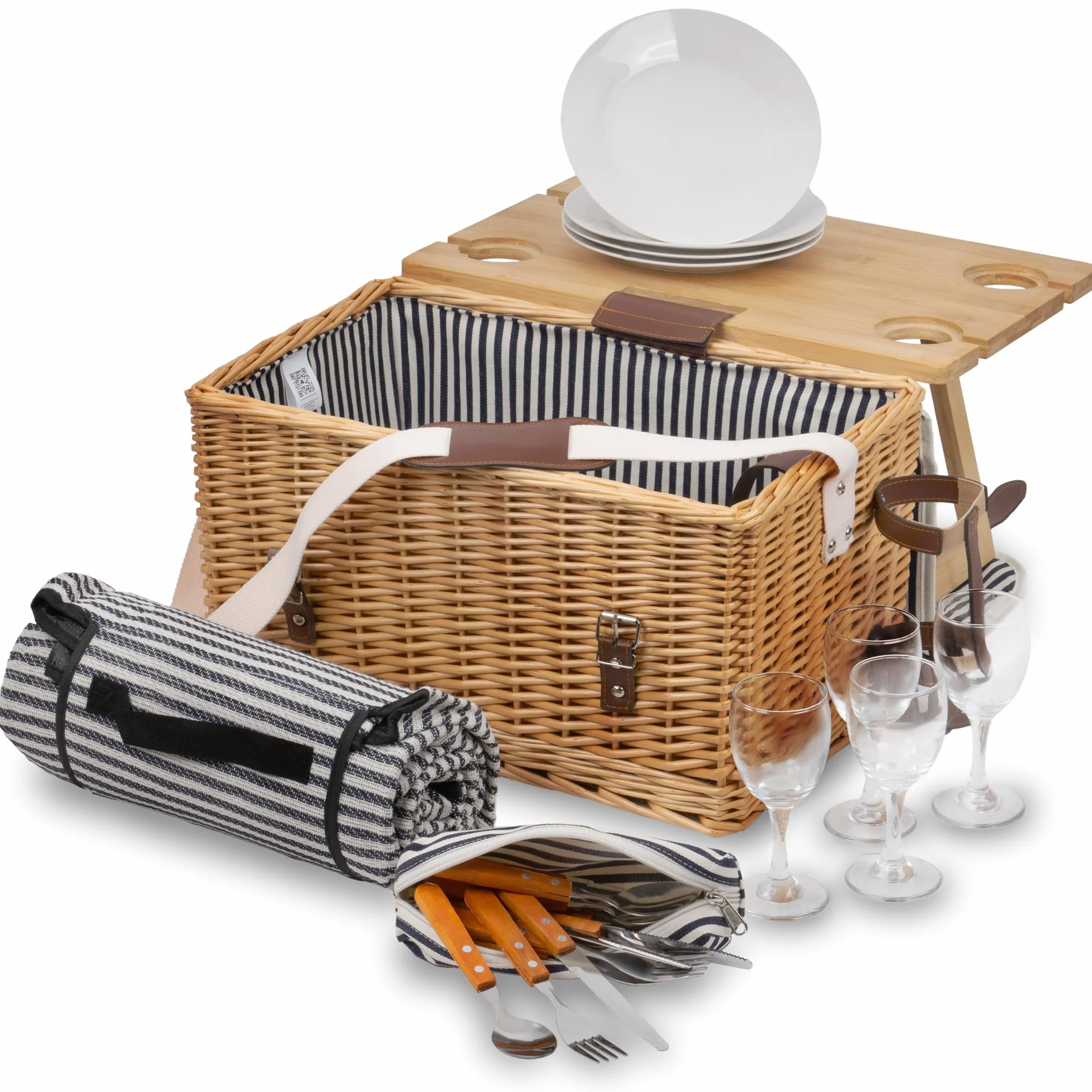 CampFeuer Panier de pique-nique pour 4 personnes avec ensemble de vaisselle et table de service - 25 pièces - Valise de pique-nique avec motif intérieur rayé - Panier en osier avec sangles en cuir