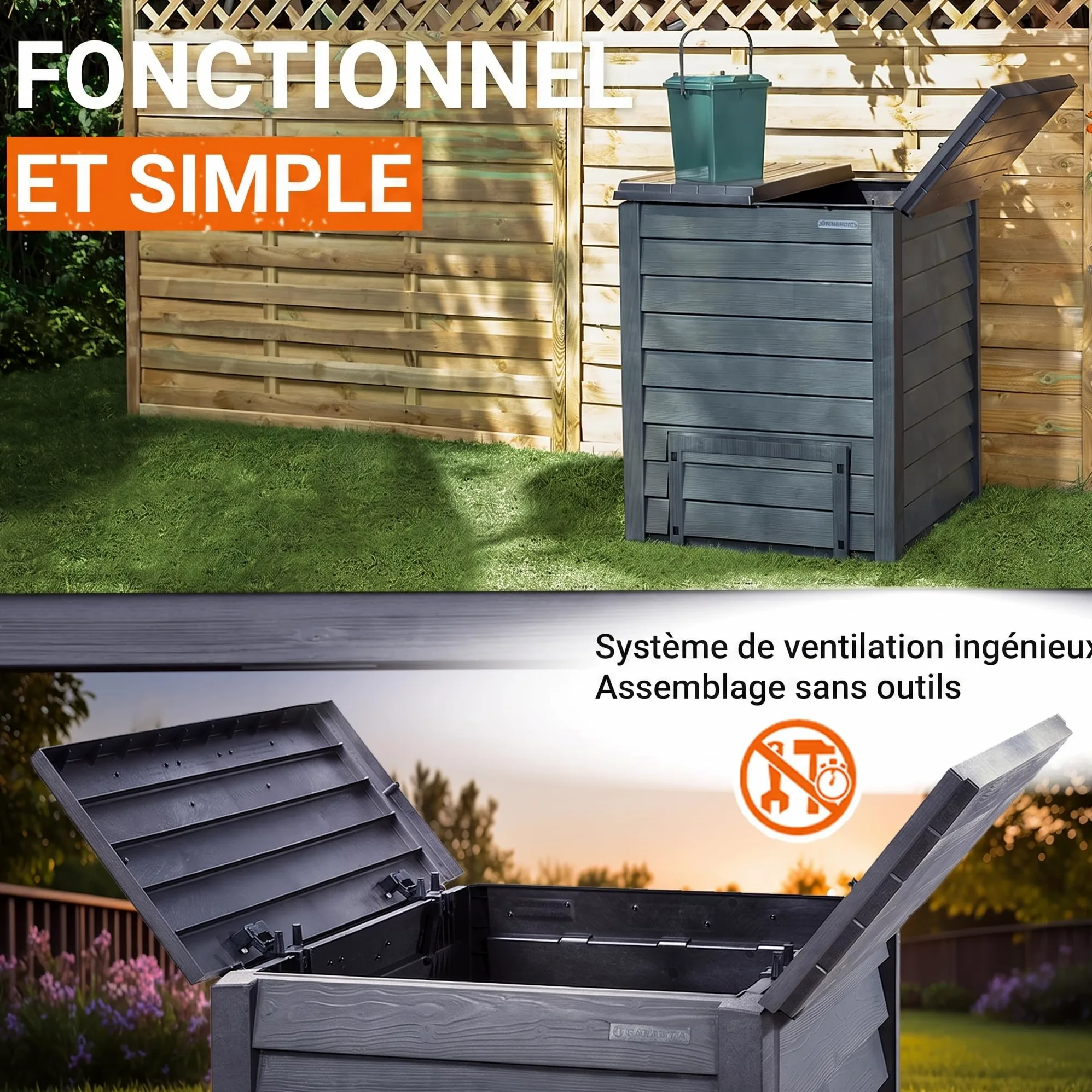 GARANTIA Thermo-Wood Composteur de Jardin 600L Brun | Bac à Compost Extérieur en Bois Recyclé, Écologique Robuste pour Déchets Organiques et Jardin