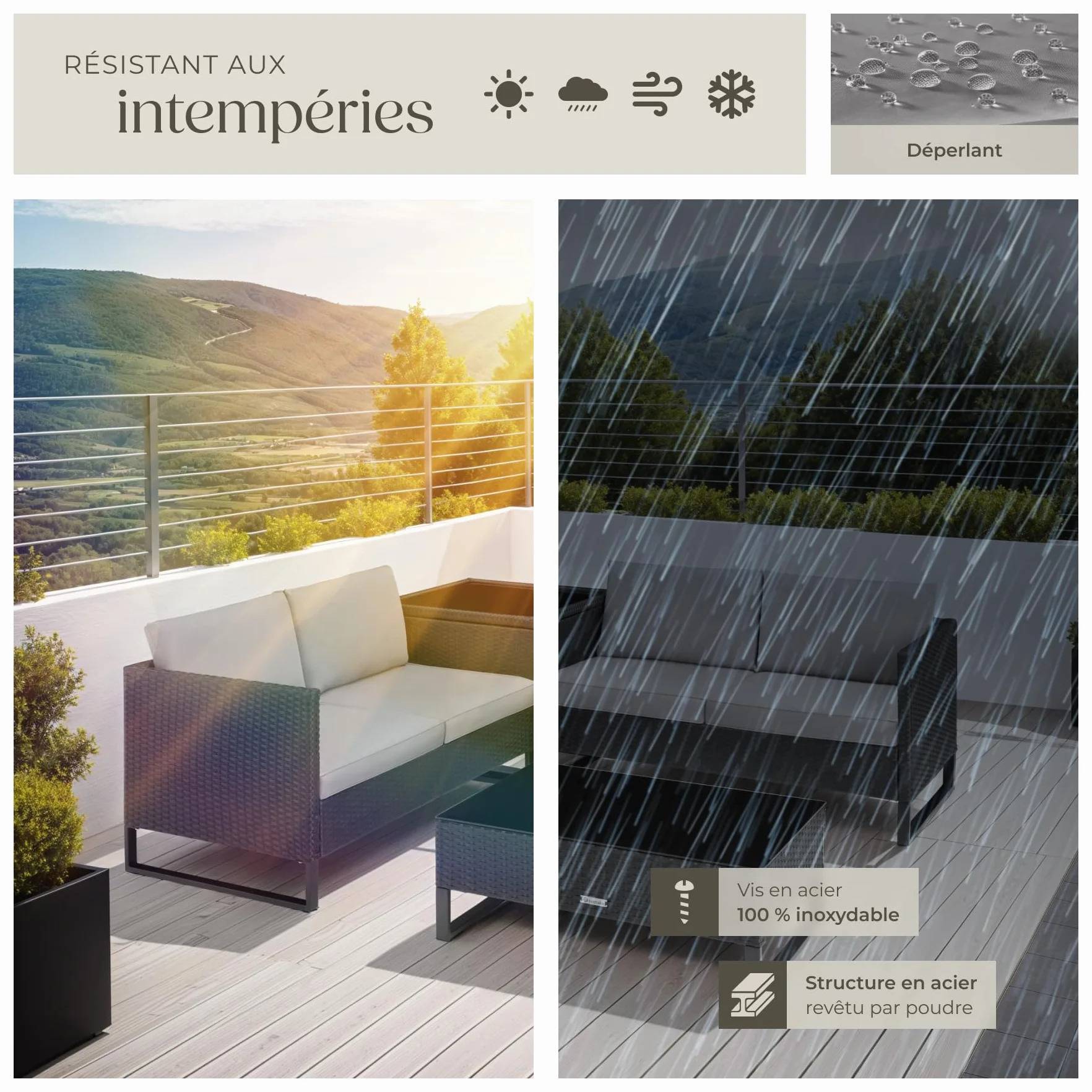 Tectake Ensemble Salon de Jardin Exterieur Modulable en Rotin, Canape 4 Places, Table Basse Verre, Coffre Rangement, Coussins Inclus