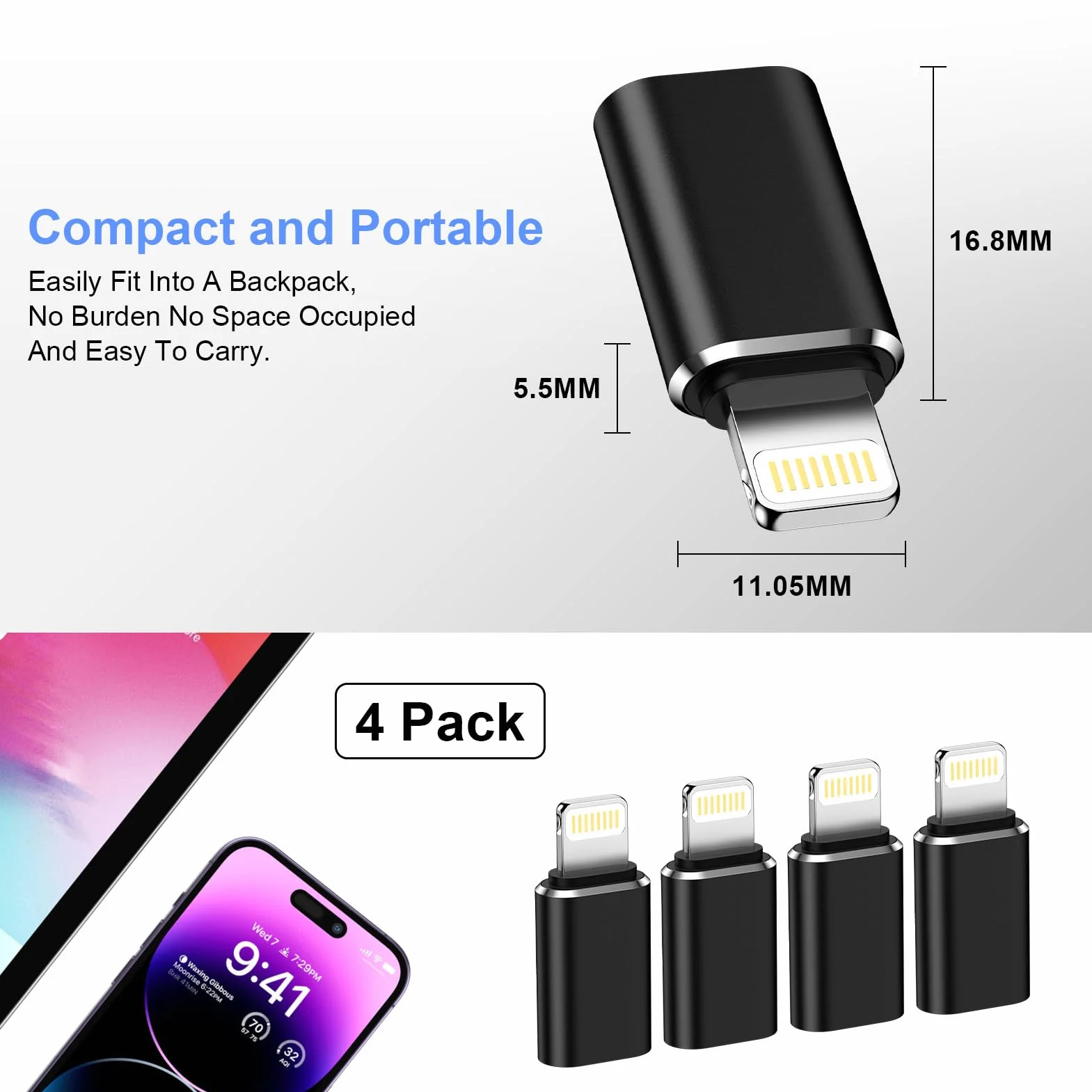 Adaptateur Lightning vers USB C Lot de 4, Charge Rapide et Transfert de Données pour iPhone 14 Pro Max 13 12 11, iPad AirPods