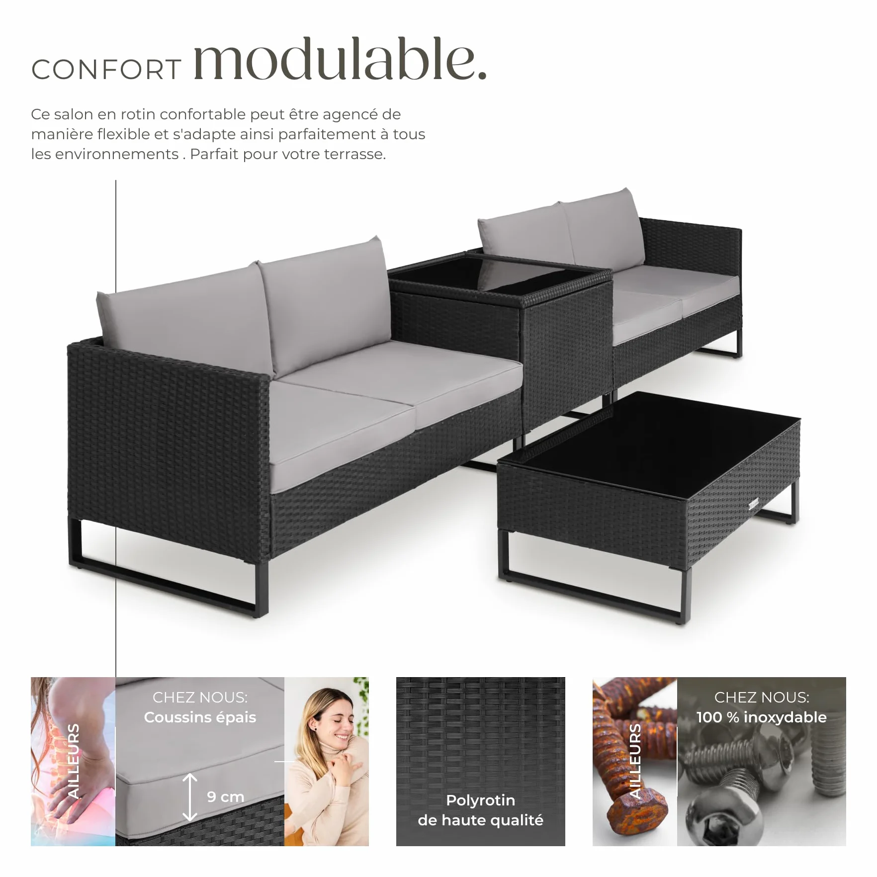 Tectake Ensemble Salon de Jardin Exterieur Modulable en Rotin, Canape 4 Places, Table Basse Verre, Coffre Rangement, Coussins Inclus