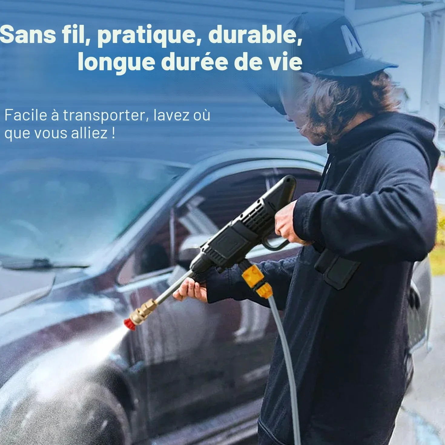 90 Bar Nettoyeur Haute Pression sans Fil, Longue Autonomie, avec Buse | Réglage Intelligent de la Pression, avec Tuyau de 5 m, 3 Modes de Nettoyage, pour Nettoyage Voiture, Jardin et Arrosage