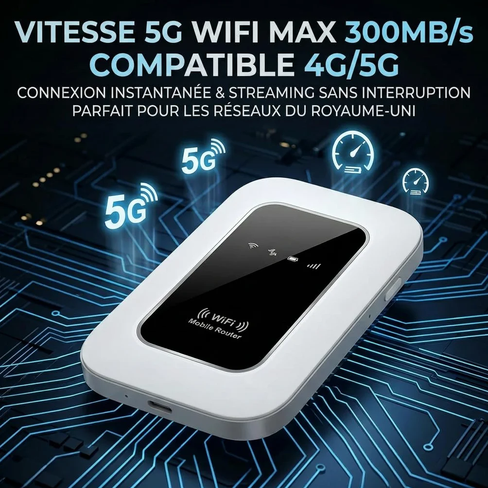 Routeur 5G Portable WiFi 6 Modem Carte SIM Déverrouillé Haut Débit 5G/4G+ Jusqu'à 28 Appareils