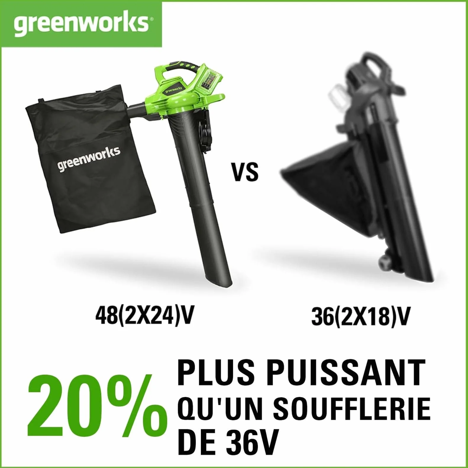 Greenworks GD24X2BVK4X Aspirateur Souffleur Sans fil 322km/h 9m³/min Sac Mulching 45L 2 Batteries 24V 4Ah