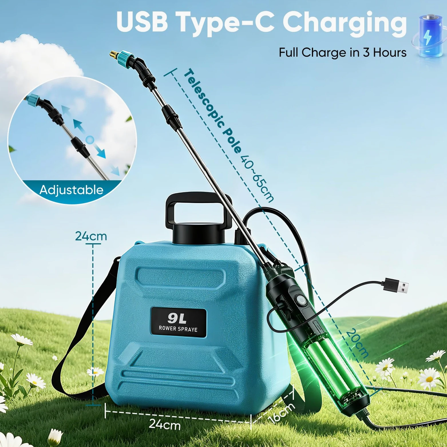 Pulvérisateur électrique à batterie 9 l, moteur en cuivre 3,7 V avec batterie 1500 mAh, autonomie de 200 min, 3 buses + lance télescopique jusqu'à 80 cm, charge USB-C, pulvérisateur de jardin pour