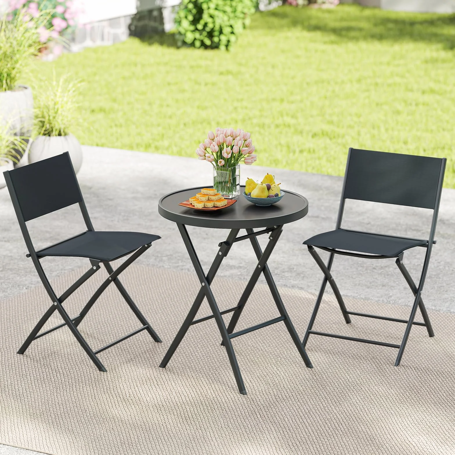 GIANTEX Ensemble Salon de Jardin 3 Pièces Table Ronde Pliante Verre Trempé 2 Chaise Pliantes Tissu Respirant Noir