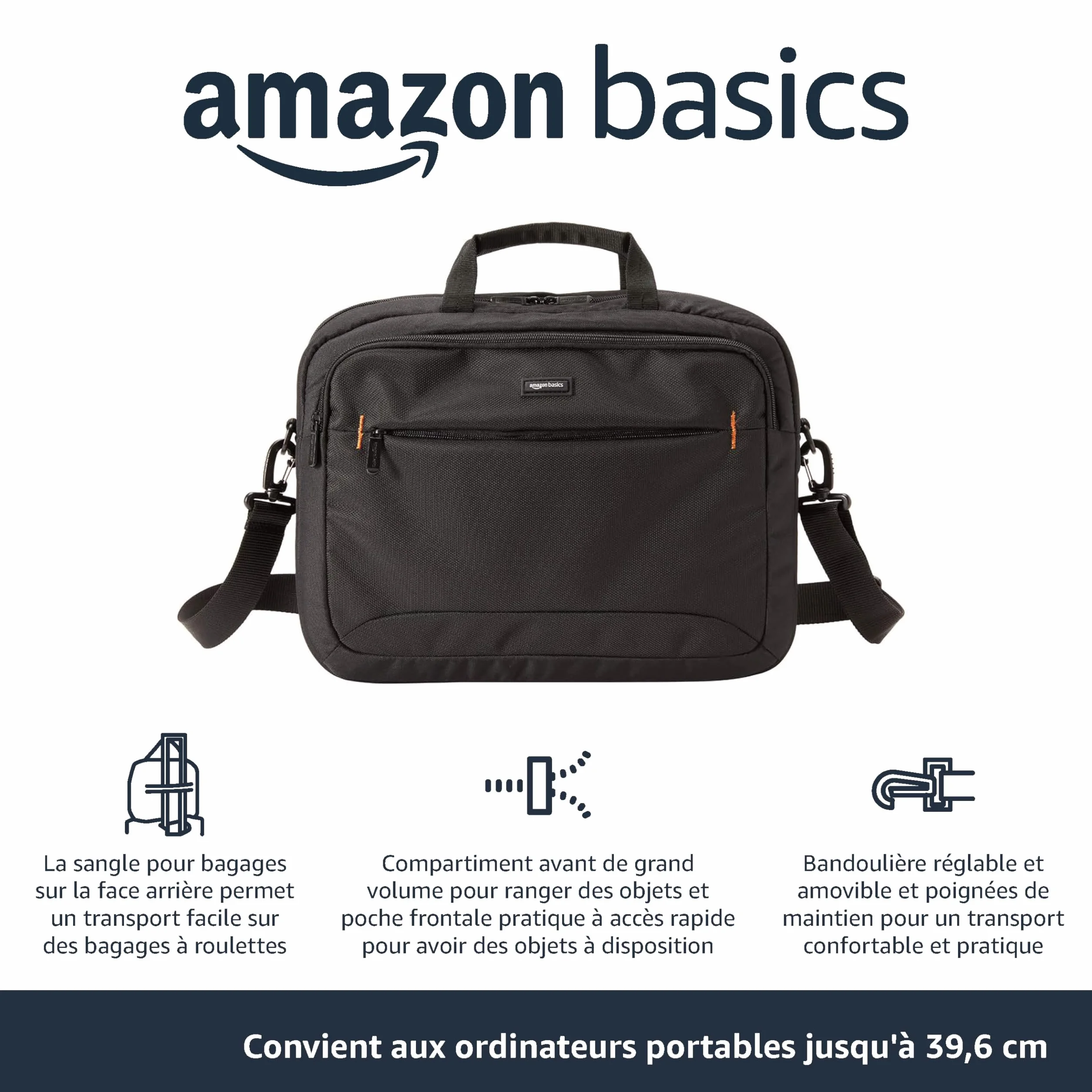 Amazon Basics Sac à bandoulière Compact Ordinateur Portable 15,6 Pouces 40 cm Noir