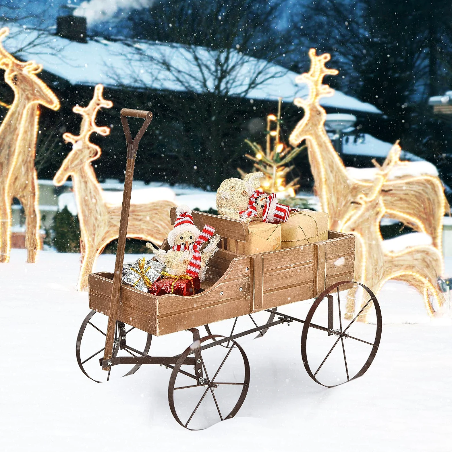RELAX4LIFE Brouette Décorative en Bois avec 4 Roues en Métal, Chariot à Fleurs avec Capacité de Charge Jusqu'à 15 kg, Bac à Fleurs pour Jardin Balcon Terrasse (Marron)