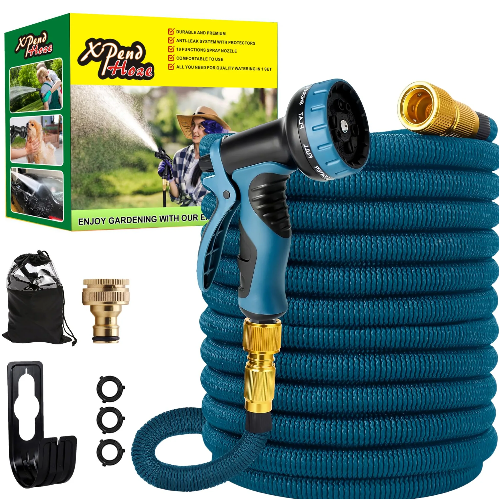 Expandable Garden - Tuyau d'eau flexible avec tissu - 75FT/22.5m-avec buse de pulvérisation à 10 motifs, tuyau de tuyau rétractable résistant aux fuites, connecteur en alliage de laiton, sans kink