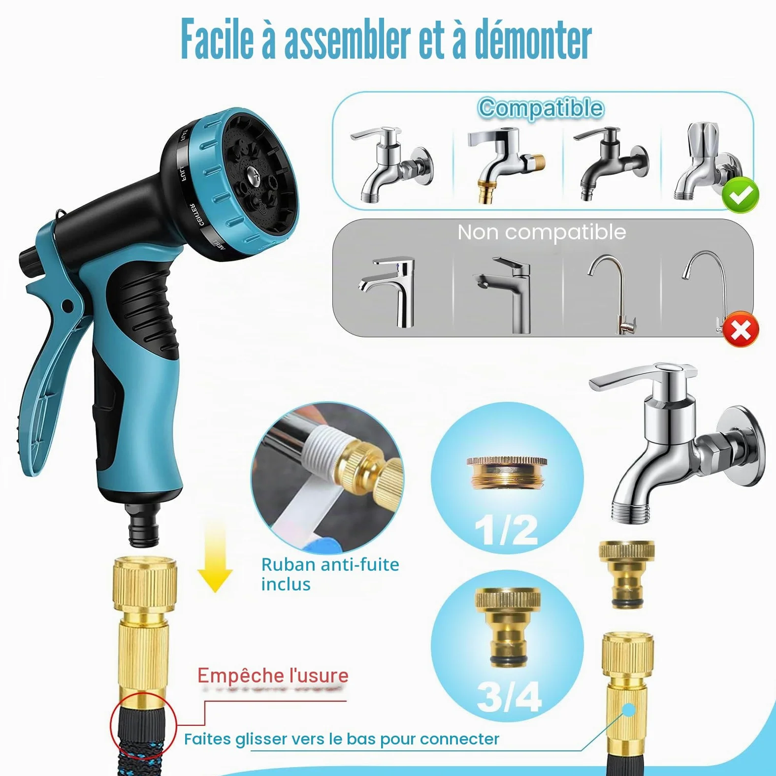 Tuyau d'arrosage extensible de 30,5 m avec buse à 10 fonctions, 4 couches de latex et raccord en laiton massif de 1,9 cm, anti-fuite, facile à utiliser (bleu)