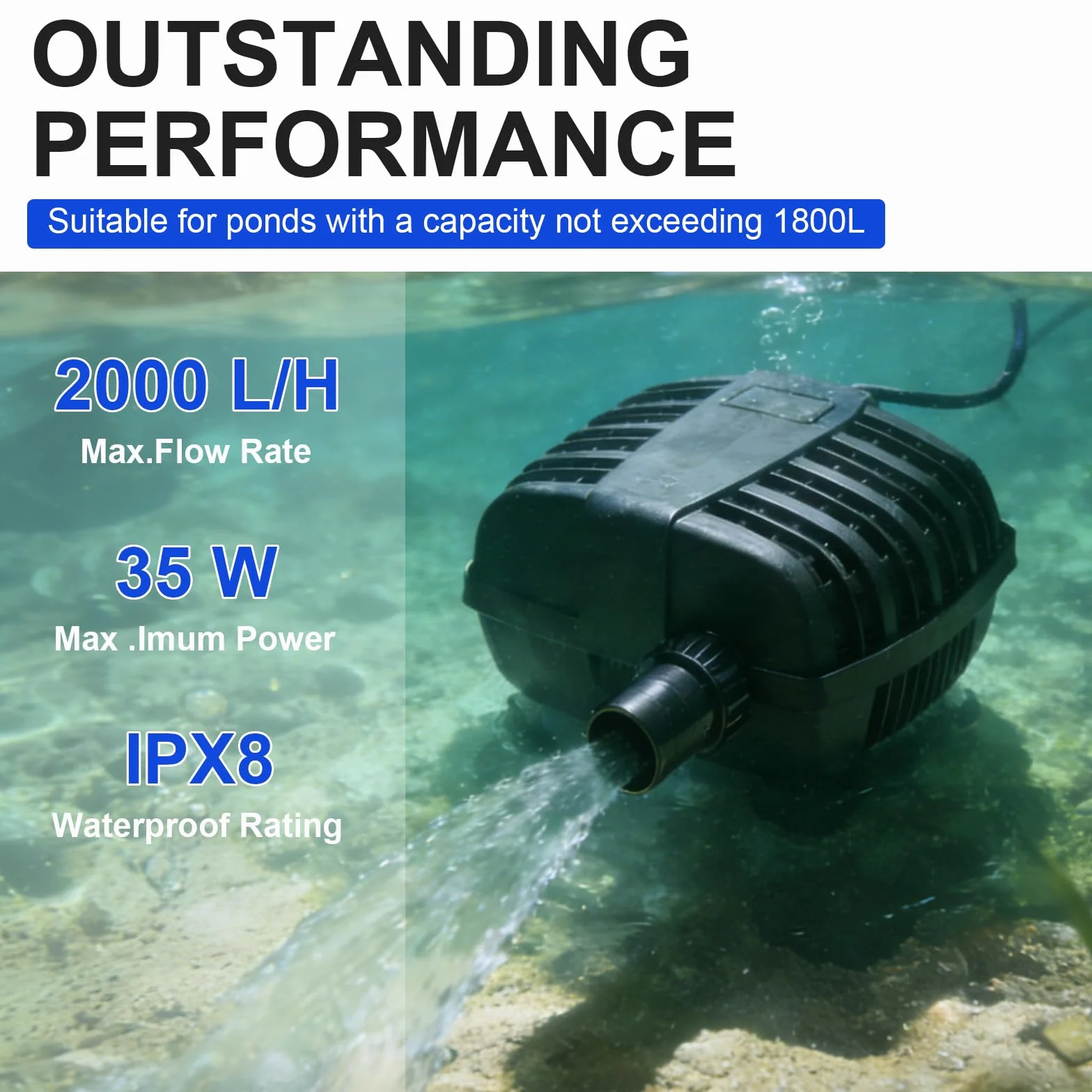 Pompe Bassin Exterieur CFP-2000L/H 35W IPX8 Ultra Silencieuse Protection Poissons