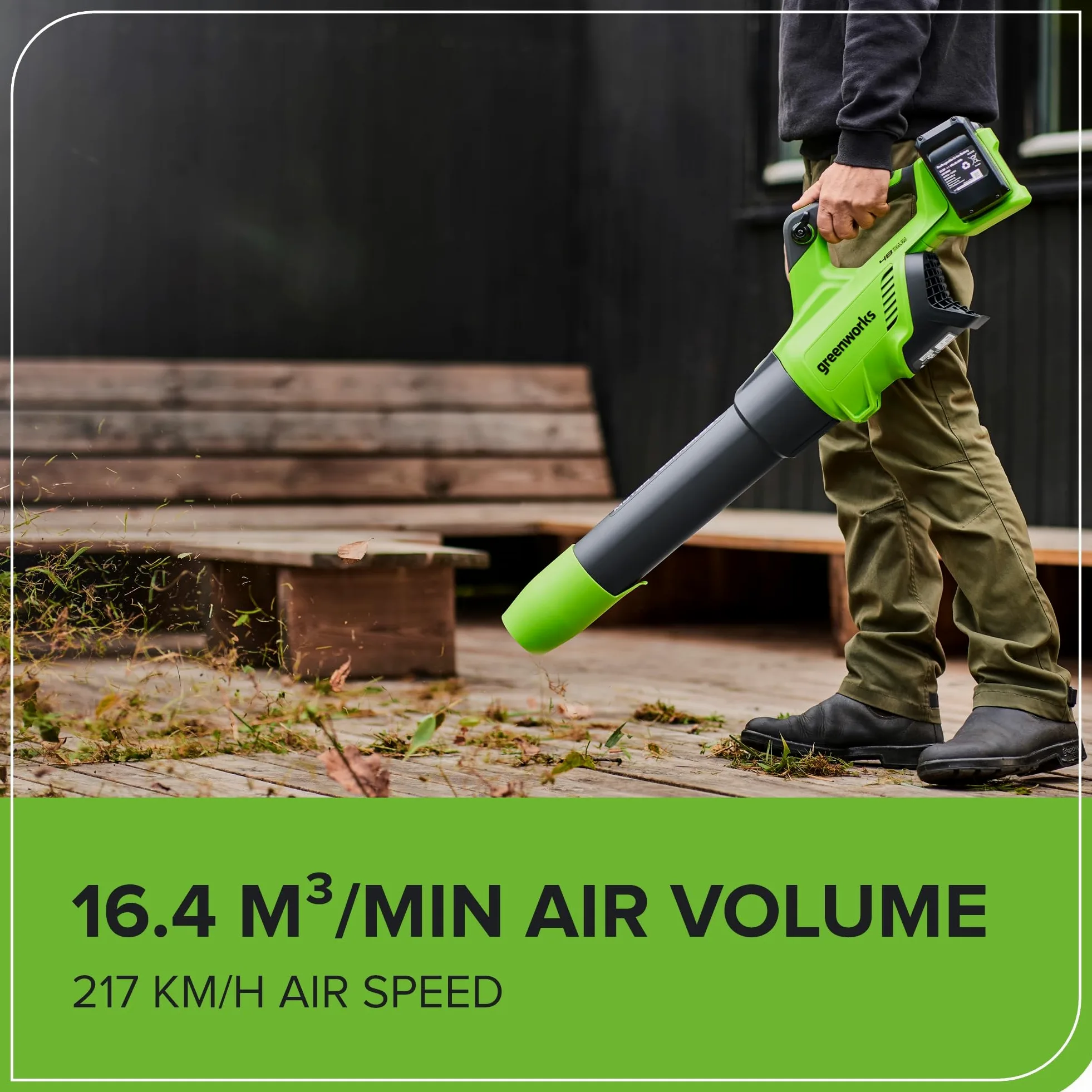 Greenworks 48V(24Vx2) Souffleur à Batterie Axial de Feuilles Sans Fil avec Moteur Sans Balai, Fonction Turbo, 217 km/h, 16,4 m³/min, AVEC Deux Batteries 24V 2Ah et Chargeur, Garantie 3 Ans GD24X2ABK2X
