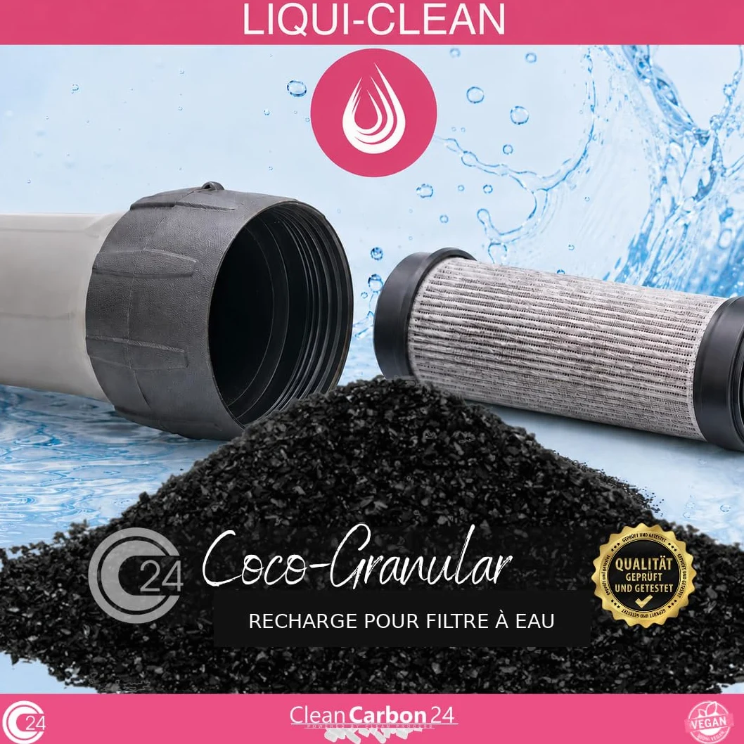 Clean Carbon 24 LIQUI-Clean Coco granulé 8×30Mesh/0,8–3,2mm, 10l | 5kg | Granulés fins 0,6–2,36 mm pour aquarium, bassin et filtration de l’eau, activés physiquement à la vapeur