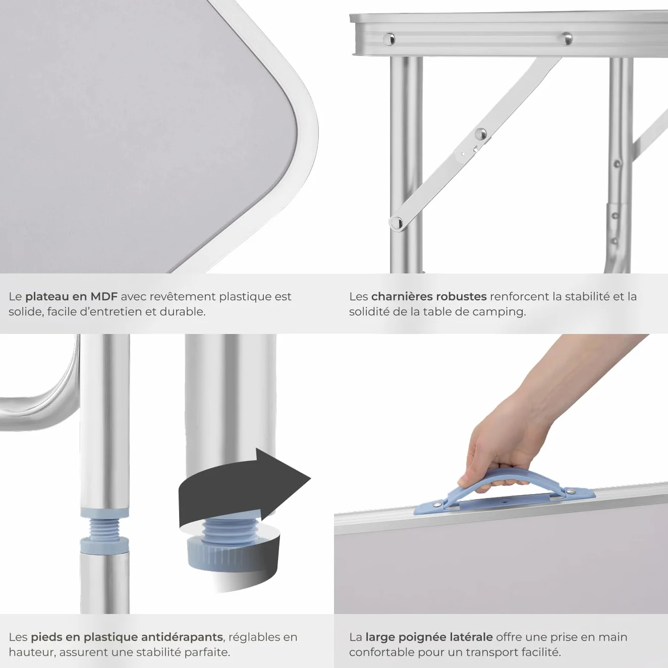 Tectake Table Pliante de Pique Nique Camping Aluminium Léger Compact Hauteur Réglable 75x55x68 cm