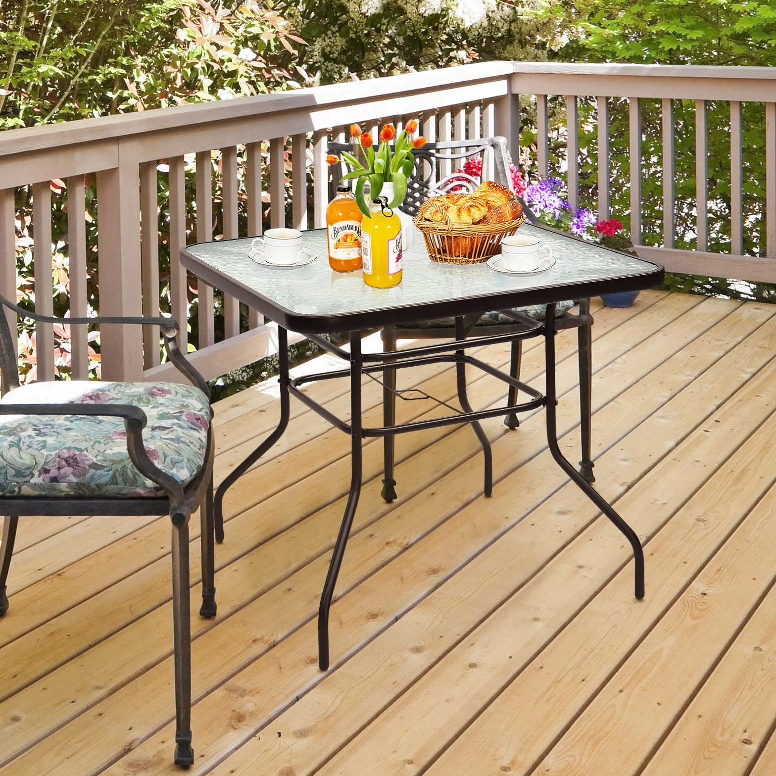 GIANTEX Table de Jardin Carré 81x81 cm Verre Trempé avec Trou de Parasol Métal Laqué