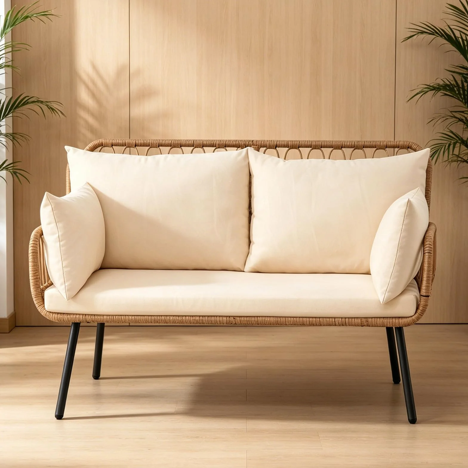 Canapé de Jardin 2 Places en Rotin Résine 118x62x81 cm avec Coussins, Cadre Métal, Charge 300 kg pour Balcon Terrasse