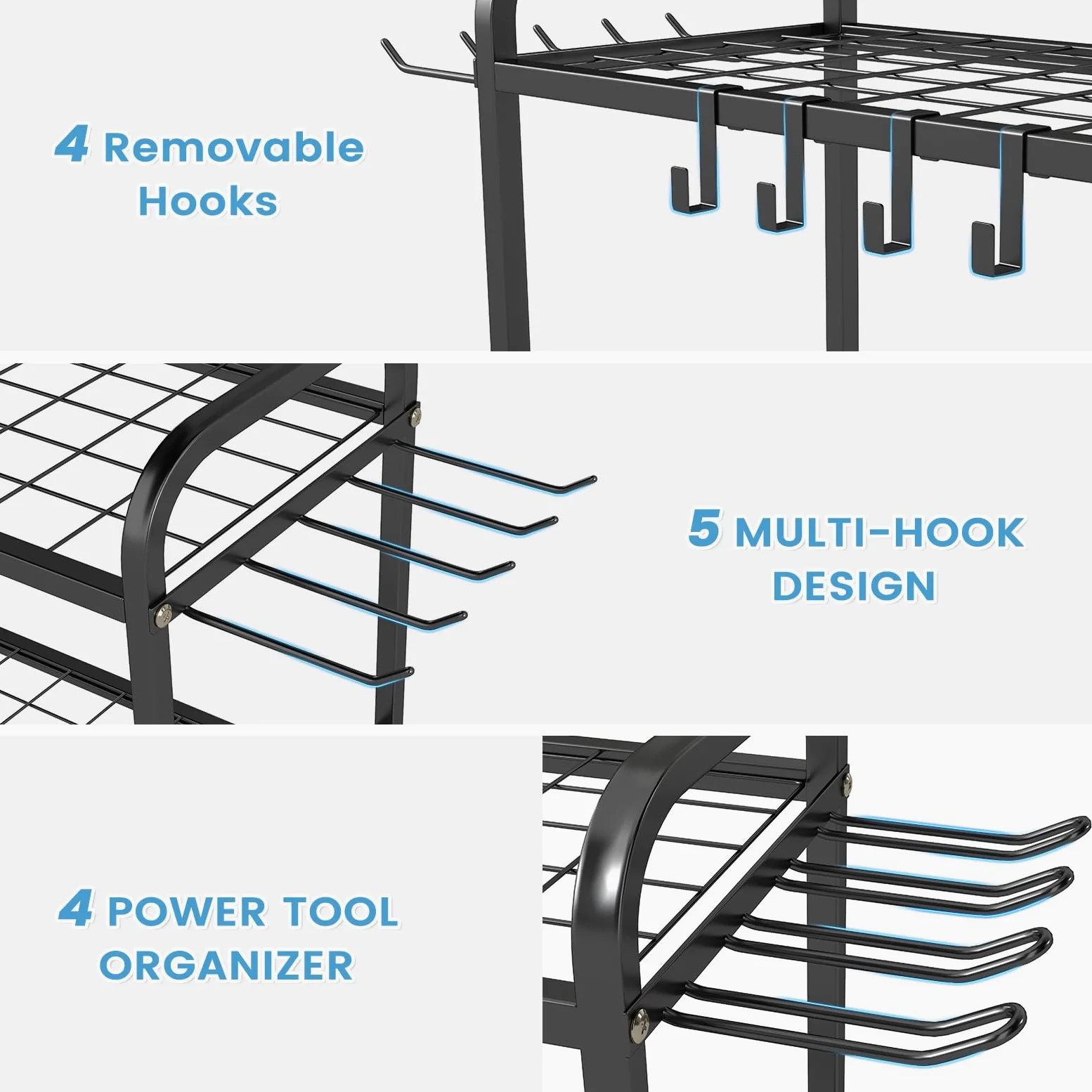 Hadulcet Organiseur d'outils de jardin, organisation et rangement de garage en métal avec roues verrouillables, porte-outils de jardin avec crochets de rangement, organiseur d'outils de cour robuste