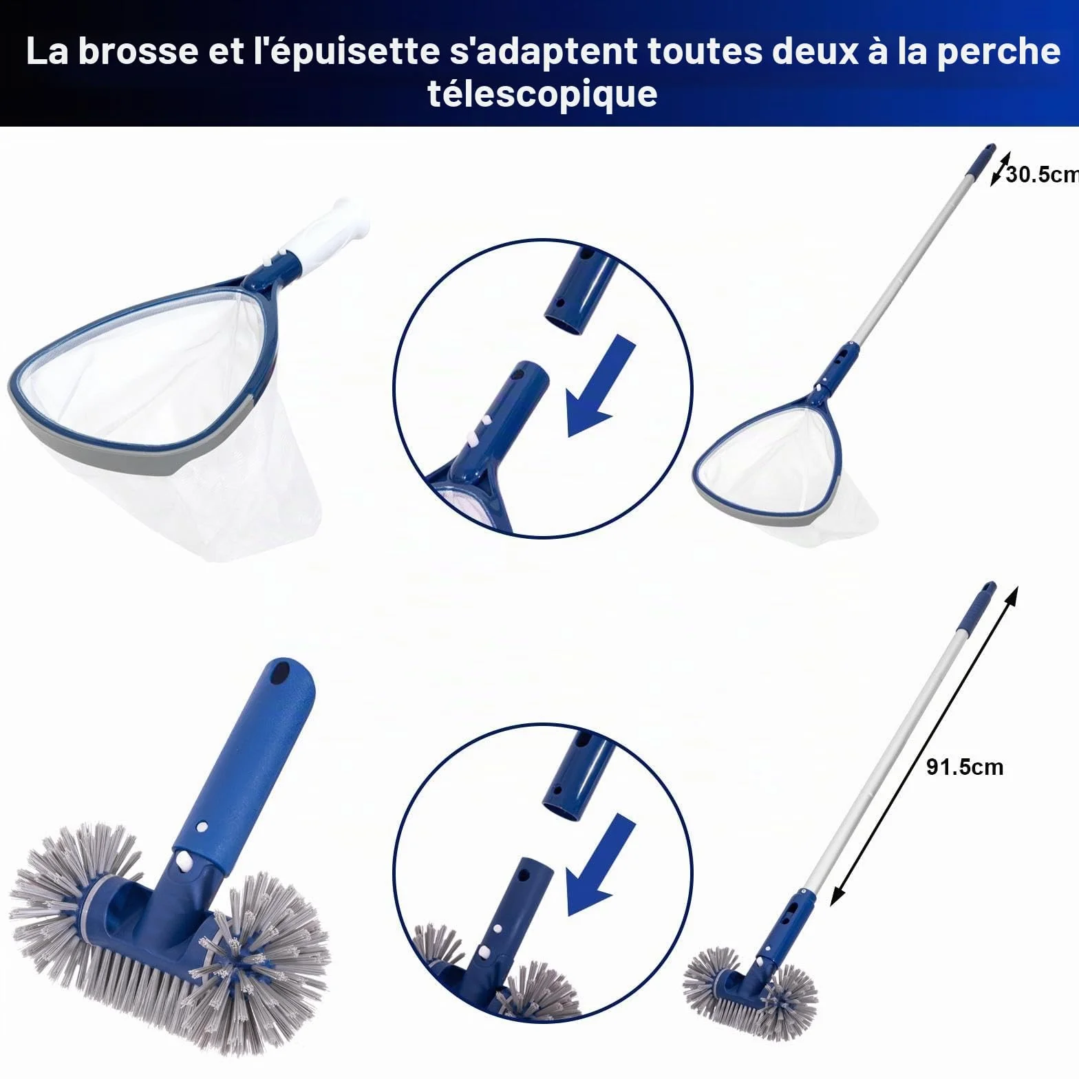 POOLAZA Kit de Nettoyage pour Piscine, Skimmer et Brosses avec Poignée Antidérapante, Pôles en Aluminium 91.5cm