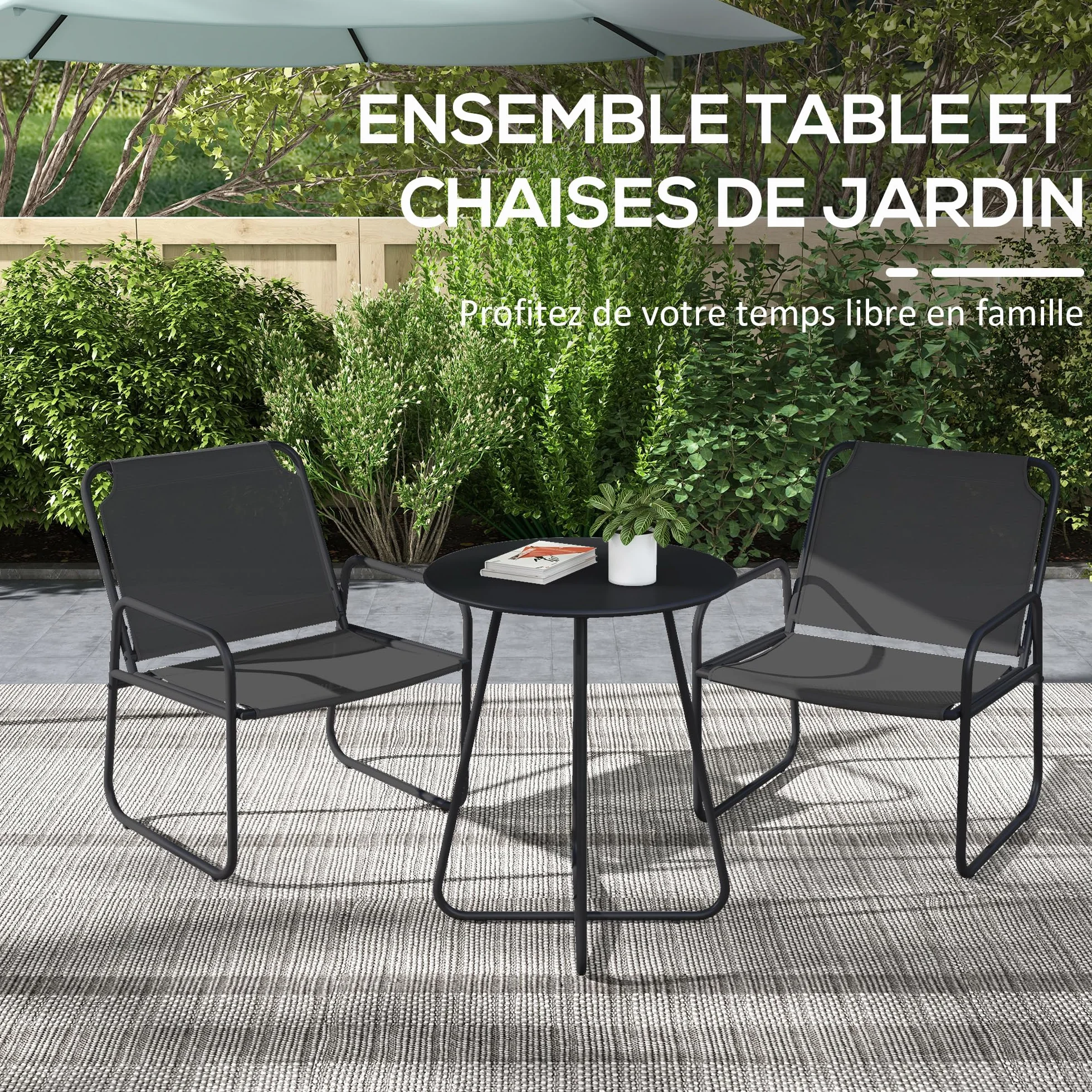 Outsunny Salon de Jardin 3 pièces, 2 fauteuils 1 table ronde, Acier, Tissu respirant, Gris
