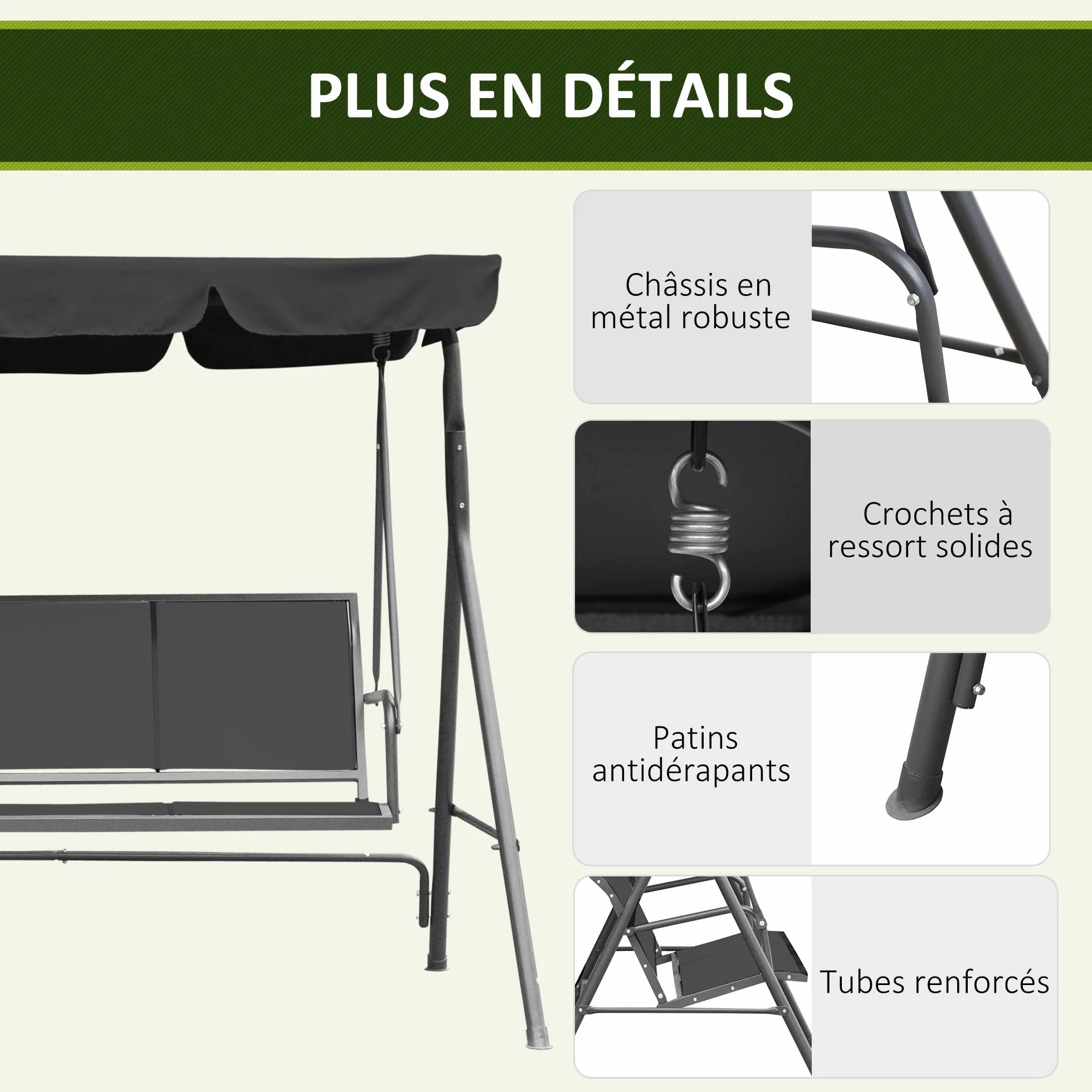 Outsunny Balancelle de Jardin 3 Places Toit imperméabilisé Acier Gris