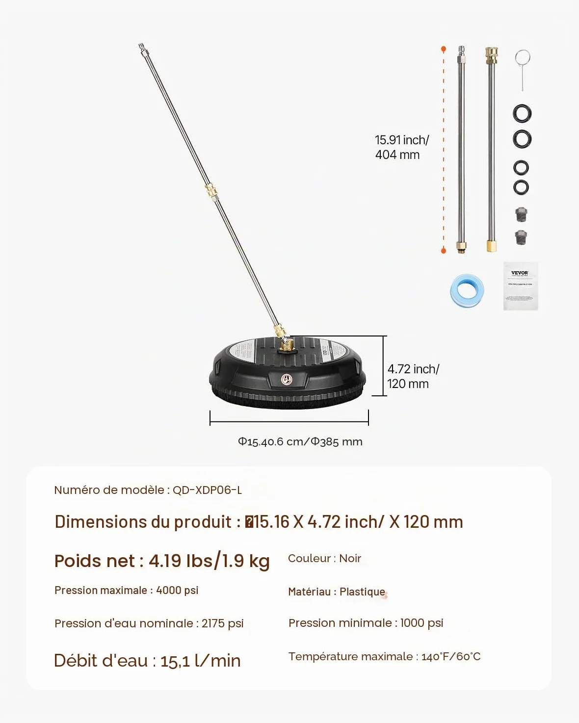 VEVOR Nettoyeur de surface pour nettoyeur haute pression 385 mm, accessoire nettoyeur sol en plastique sur roues, 206 bar max. connecteur 0,635 cm 2 buses de pulvérisation 2 tiges extension pour béton