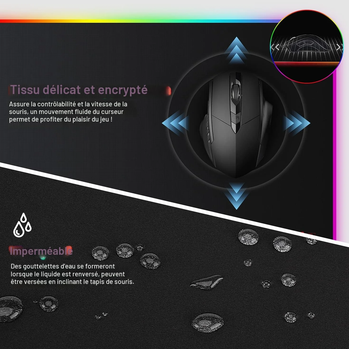 Tapis de Souris Gaming RGB XXL 800 x 300 mm, 14 Effets LED, Étanche, Antidérapant