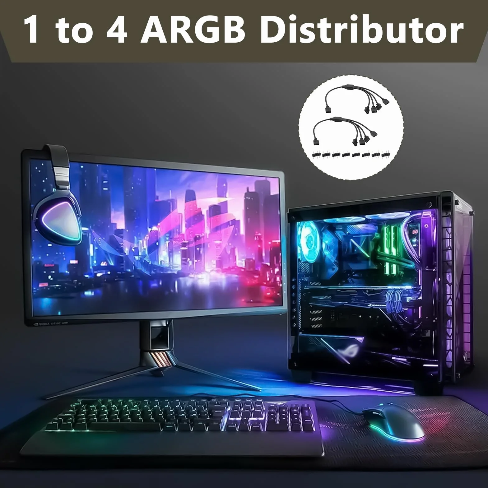 Hub ARGB Splitter 1 à 4 Câble Répartiteur 3Pin 30cm Connecteurs Mâles pour Bande LED Ventilateurs