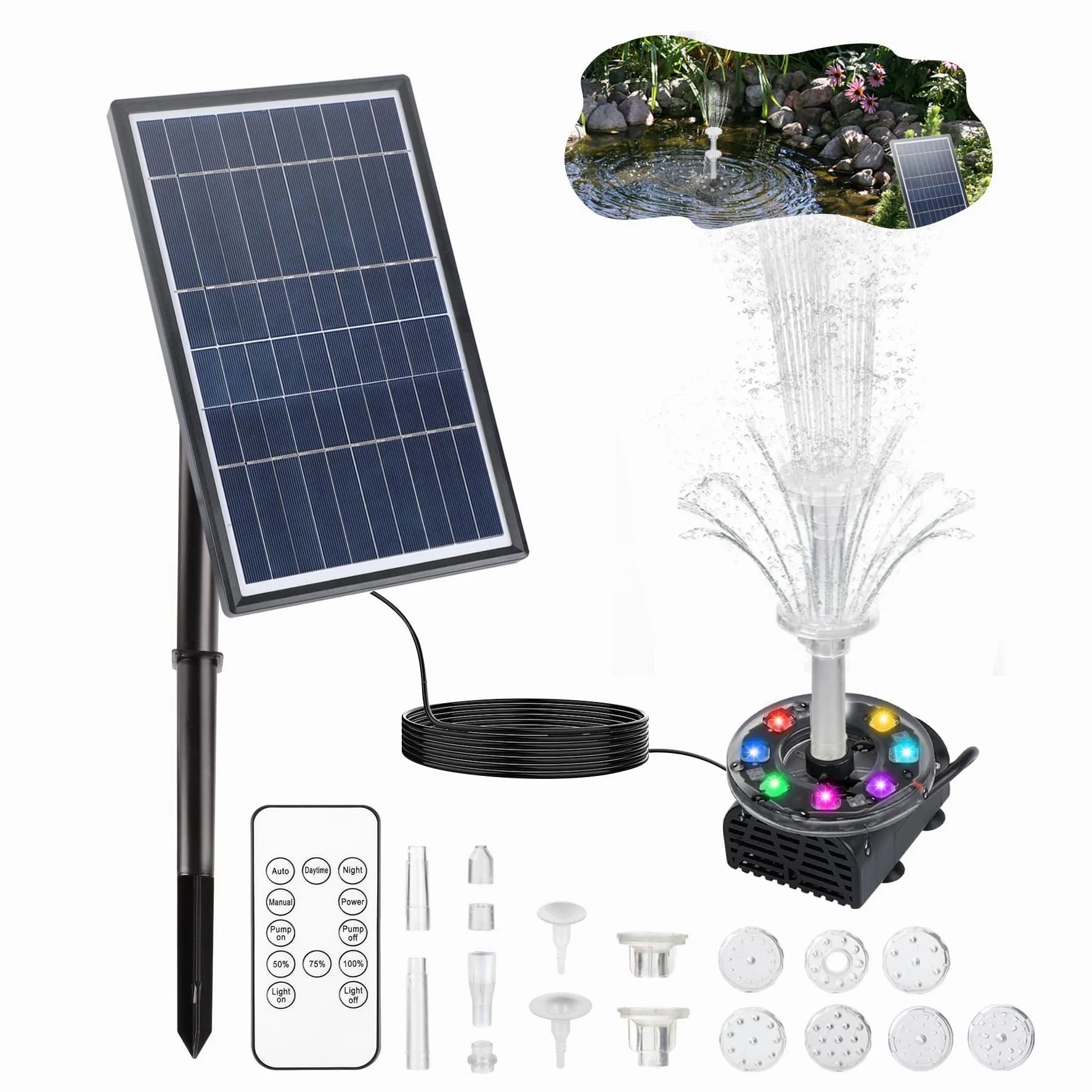 Fontaine Solaire LED avec Panneau Solaire 7W, Batterie 5000 Mah intégrée, 10 Styles de Fontaine pour Jardin, Bain d'oiseaux et étang