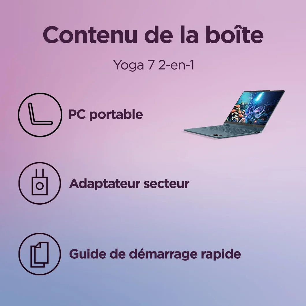 Lenovo Yoga 7 2-in-1 14AKP10 Ordinateur Portable 14" OLED AMD Ryzen AI 5 340 RAM 16Go SSD 512Go AMD Radeon 840M Windows 11 Home Clavier AZERTY Tidal Teal