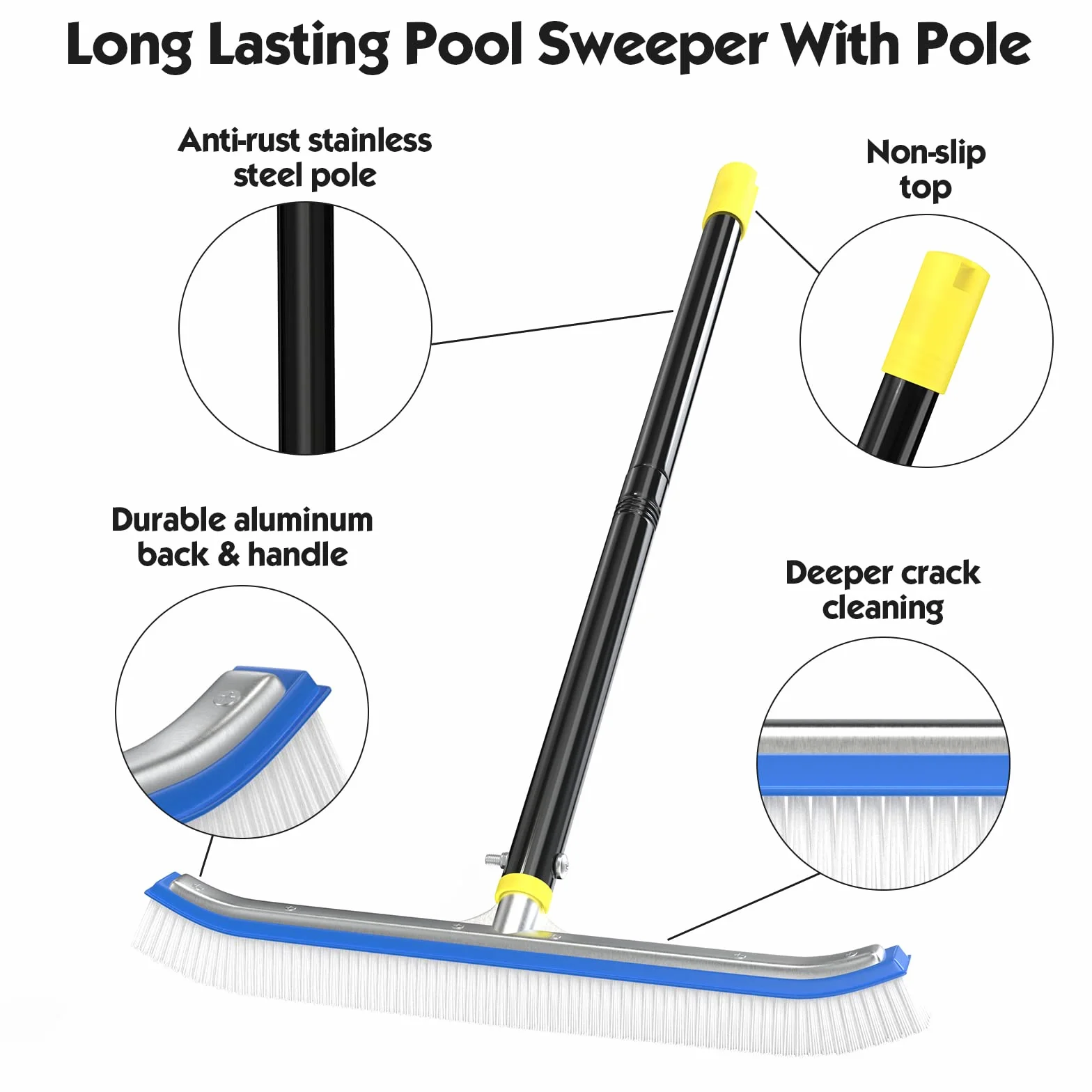 Brosse de Piscine 45cm Aluminium Manche Réglable 120 cm, Nettoyage Piscine