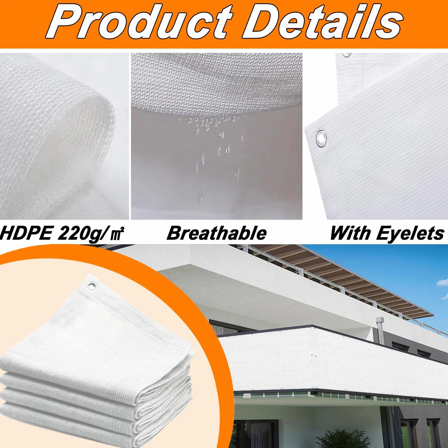 GUOJUN Brise Vue 110 x 280 cm Protection UV Coupe-Vent Respirant Cache Vue Balcon Clôture d'ombrage avec Œillets Blanc