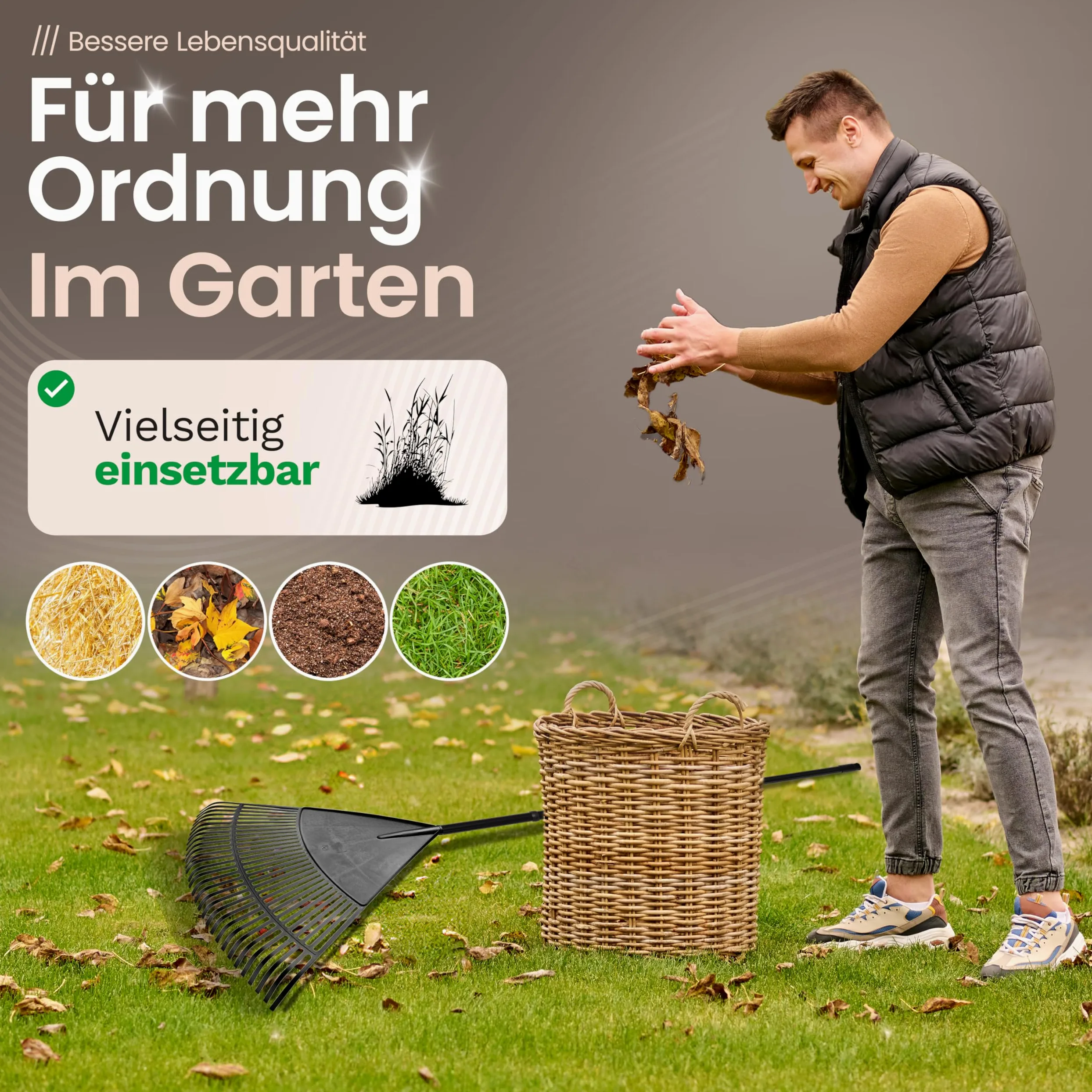 Novatool Balai à feuillage avec 30 dents en plastique, largeur de travail 75 cm, balai de jardin, râteau de jardin, râteau, balai paysage, outils de jardin sans poignée, noir