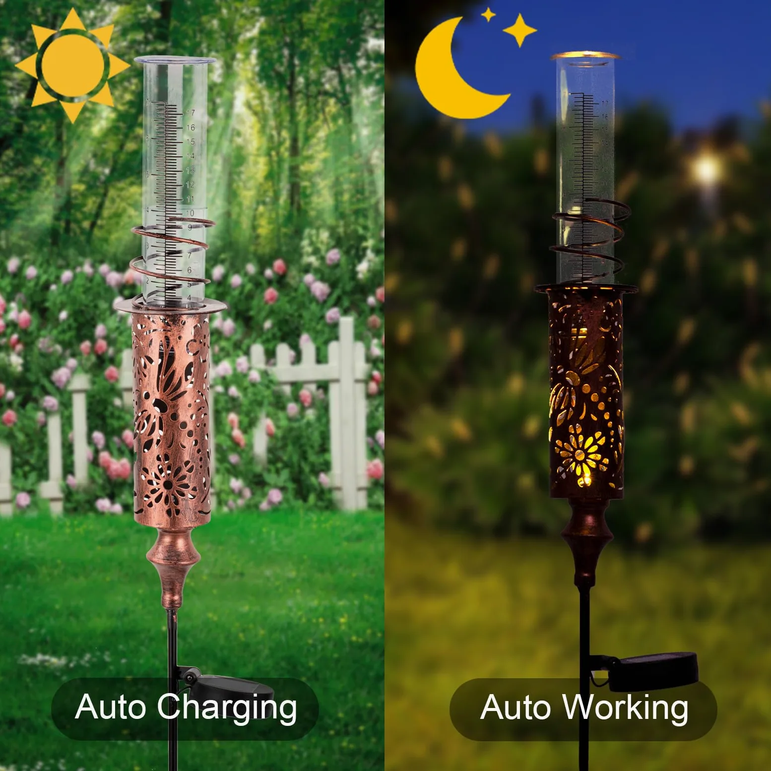 Pluviomètre d'extérieur solaire pour cour, jauge de pluie anti-gel avec tube en plastique de 17,8 cm, piquet décoratif de jardin en cuivre avec lumière LED