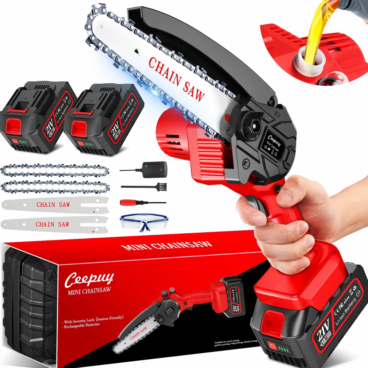 Mini Chainsaw 2x4000mAh Battery, 6 Inch 880W Cordless Electric Chainsaw Portable One-Handed Battery Chainsaw with Automatic Oiler