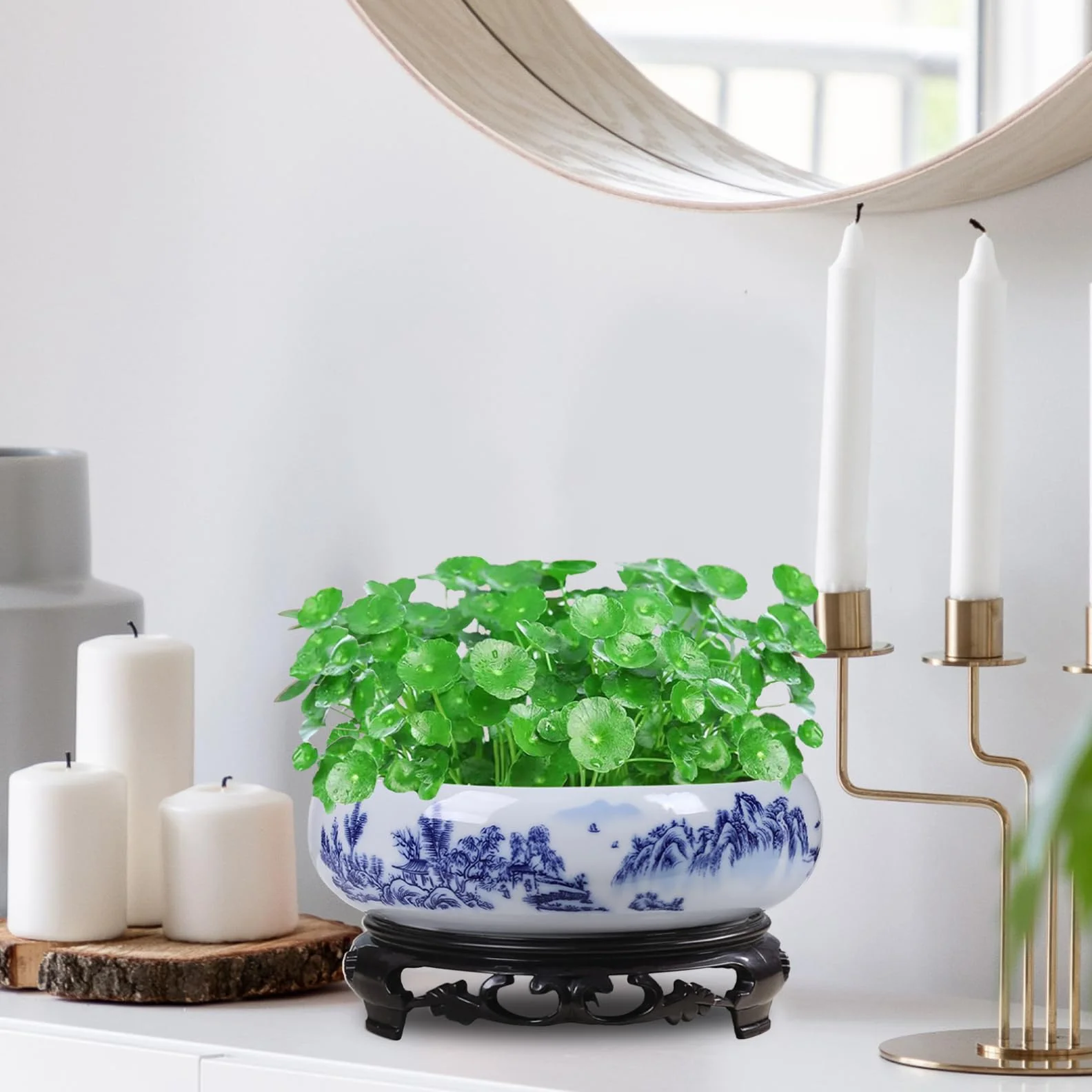Lotus pot de fleurs en céramique bleue et blanche, pot décoratif rond pour jardin, balcon, bureau
