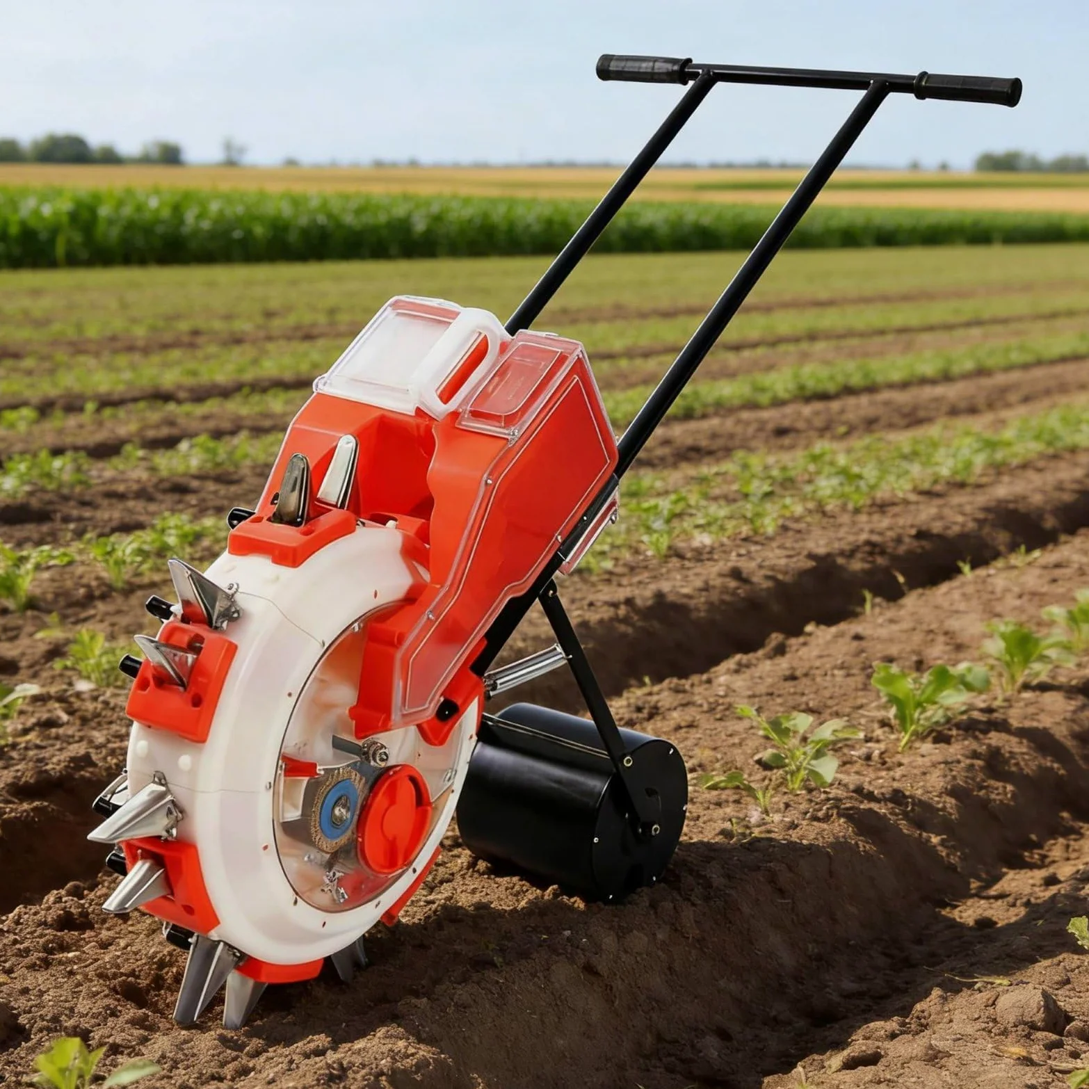 Handheld Seeder Semoir Planteur Épandeur Manuel à Poussée avec Roue Tasseuse Acier Inoxydable et Plastique Semis Régulier et Fertilisation Contrôlée, L 28CM, 6-Buse