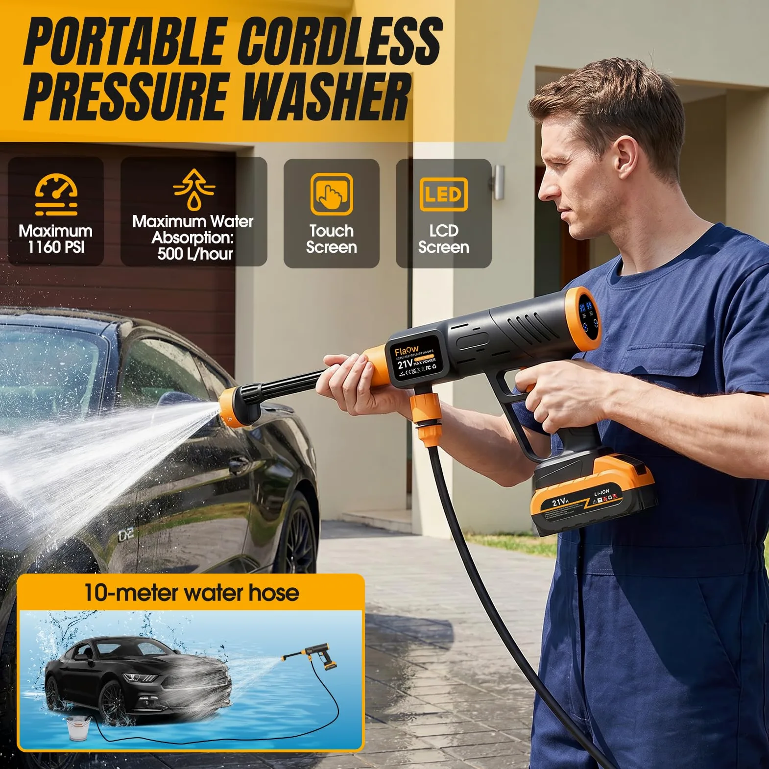 80Bar Nettoyeur Haute Pression sans Fil avec 2X Batteries 4000mAh, 6-en-1 Pistolet Haute Pression, Raccord Robinet Nettoyeur Haute Pression sur Batterie pour Voiture, Jardin, Terrasse, Maison