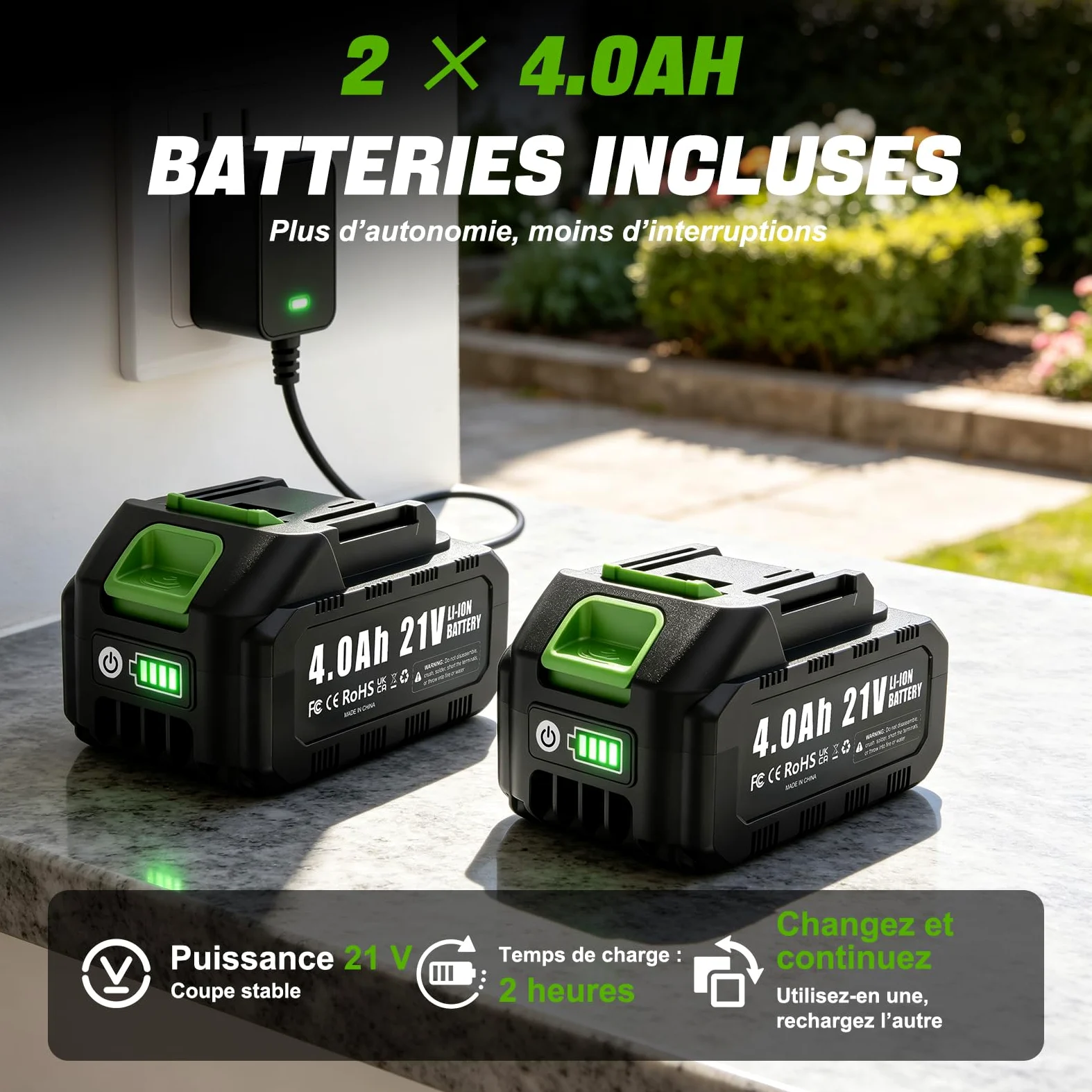 J-KU Élagueuse sur Perche 4 en 1 sans Fil avec Batterie, Mini Tronçonneuse 20 cm (8 Pouces) & Sécateur Électrique 35 mm, Perche Télescopique 2,6 m, 2×4000 mAh, Outils de Jardin