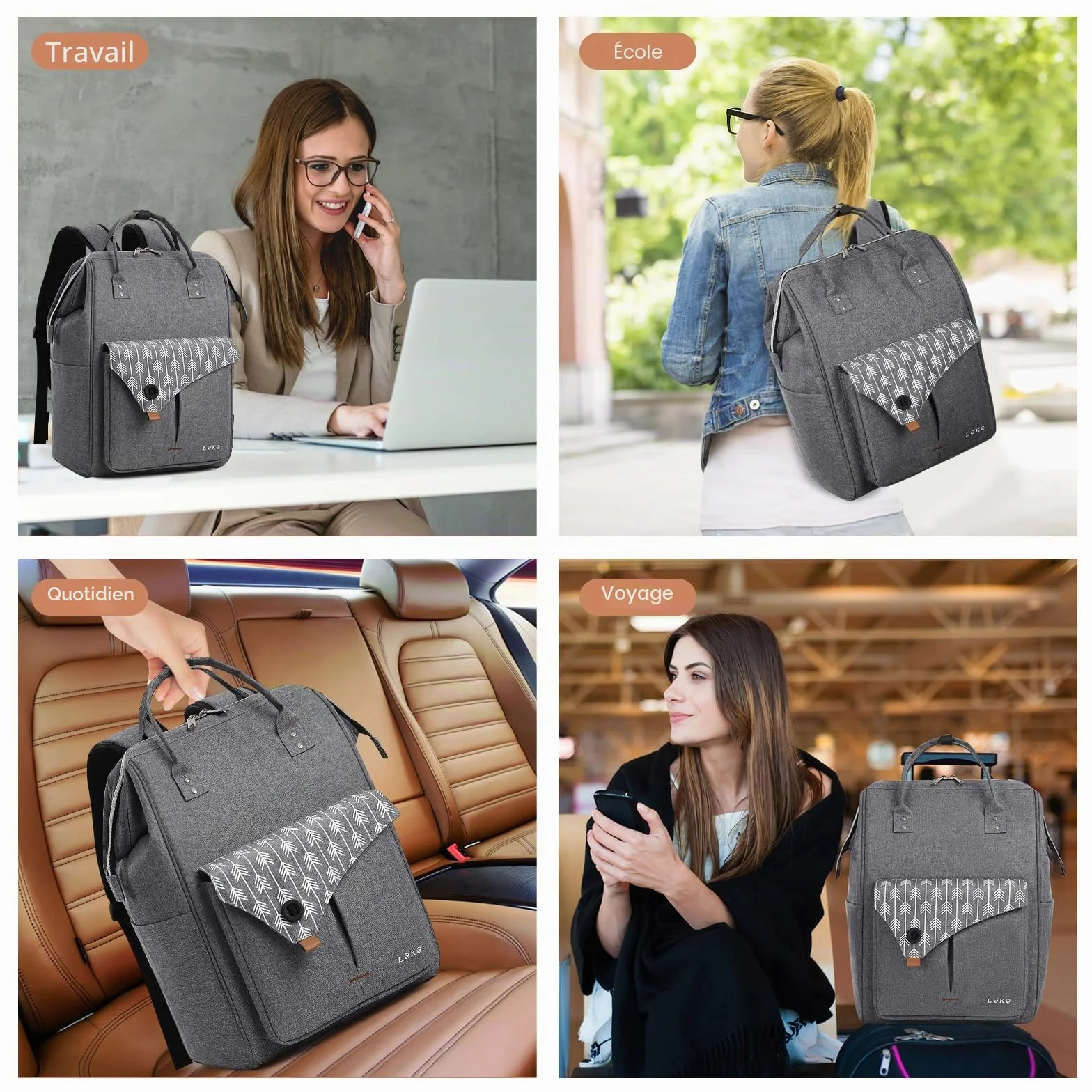 Lekesky Sac à Dos Ordinateur Portable Femme 15.6 Pouces Antivol Imperméable Gris/Noir
