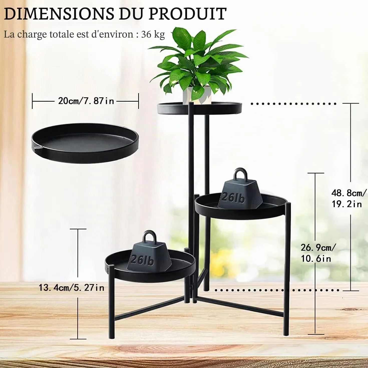 Support de plantes en métal 42 cm 3 étagères fer forgé présentoir d'angle vertical
