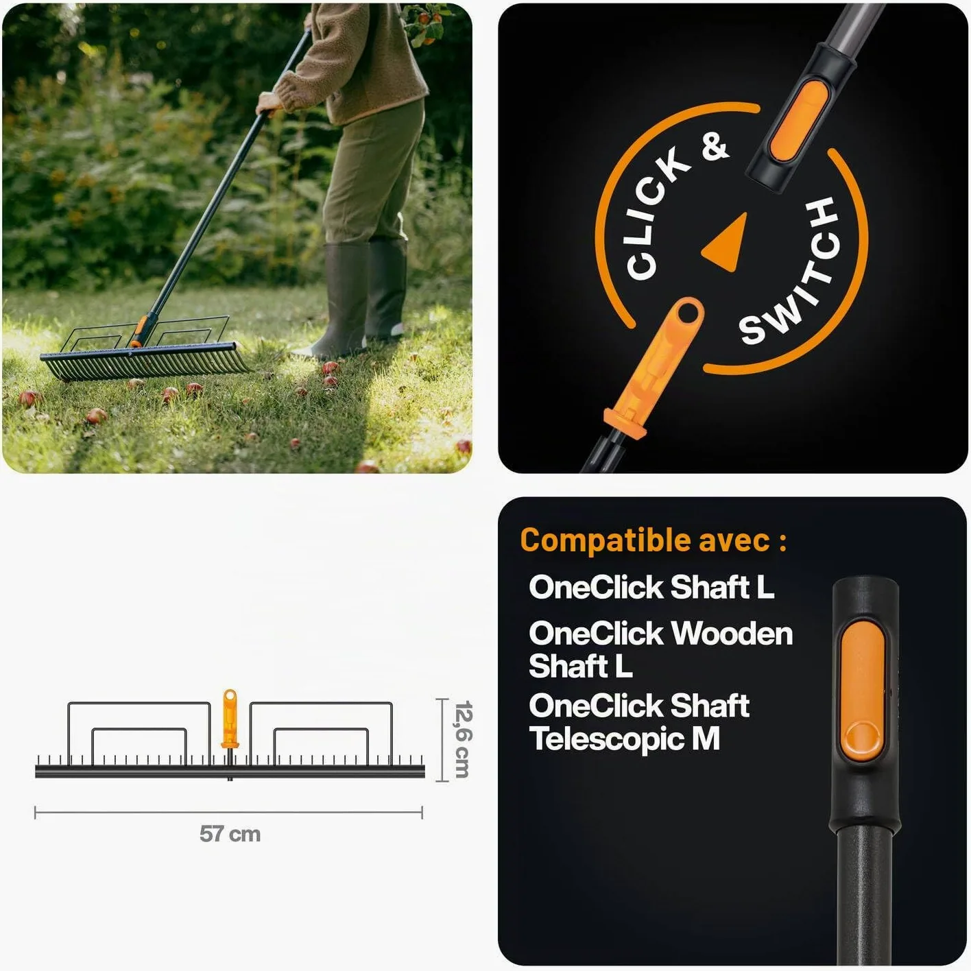 Fiskars OneClick Râteau à Gazon | Changement Facile en Un Clic, Acier Trempé, Noir/Orange, 1080680