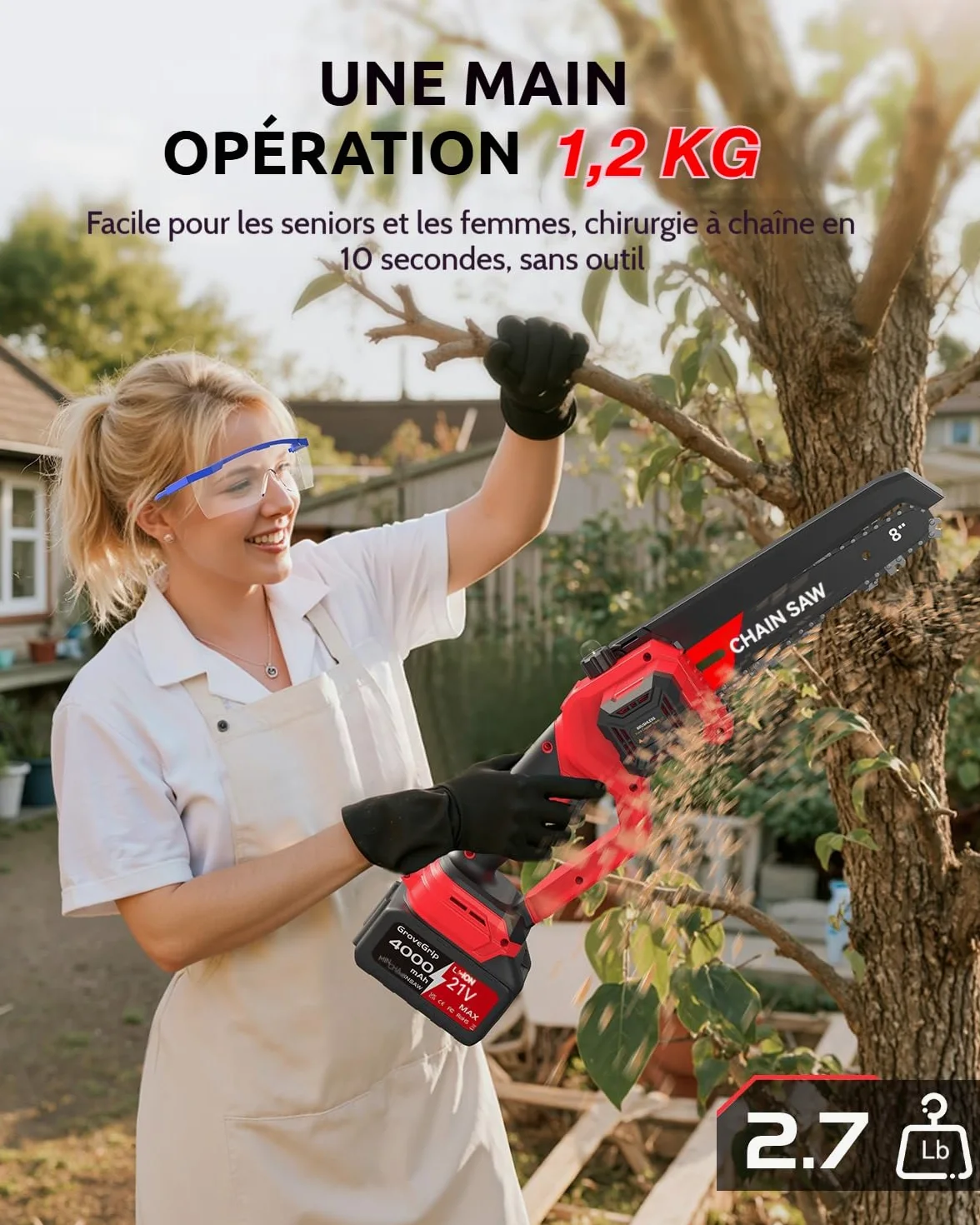 Mini Tronçonneuse sans fil 8 pouces,moteur sans balais 1400W,graisseur automatique,2x4000mAh batteries(compatible Makita), Légère,utilisable à une main (Noir)