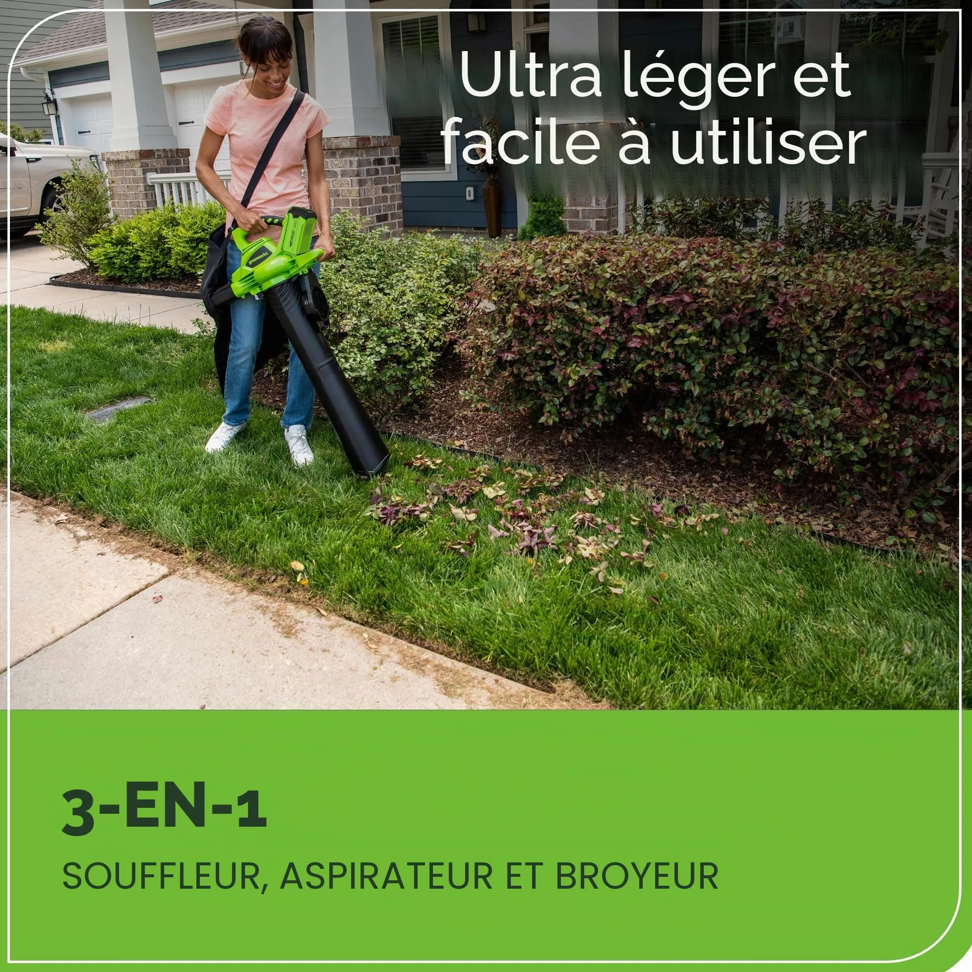 Greenworks GD40BV 40V Aspirateur Souffleur Sans Fil Sans Balais 280 km/h 9,63 m³/min Sac Mulching 45L