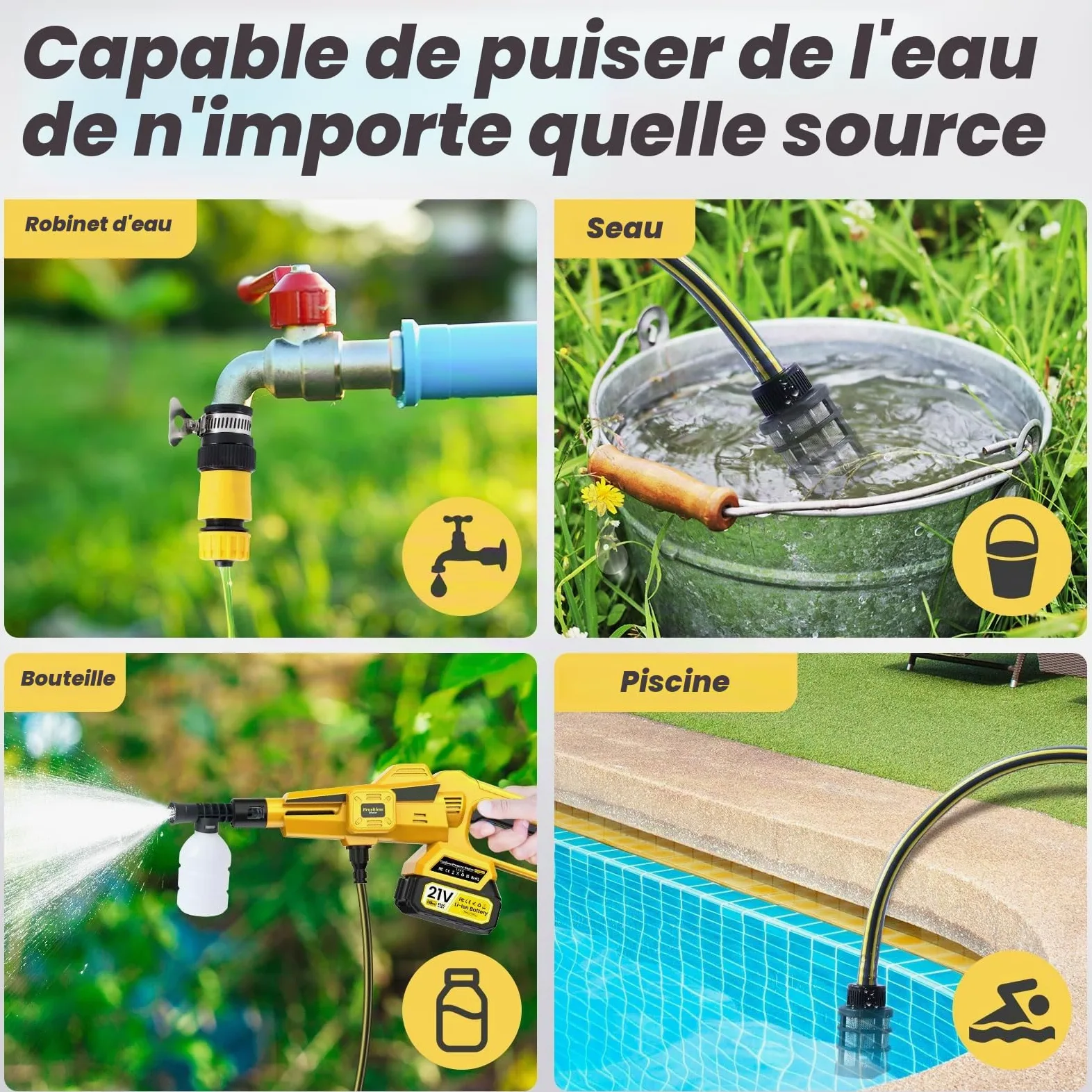Nettoyeur Haute Pression Sans Fil, avec 2 x 4000 mAh Batteries,Buse 6-en-1 & Contrôle de Pression Réglable,Raccordable au robinet,Nettoyeur Haute Pression pour Voitures,Sol,Les Salissures Quotidiennes
