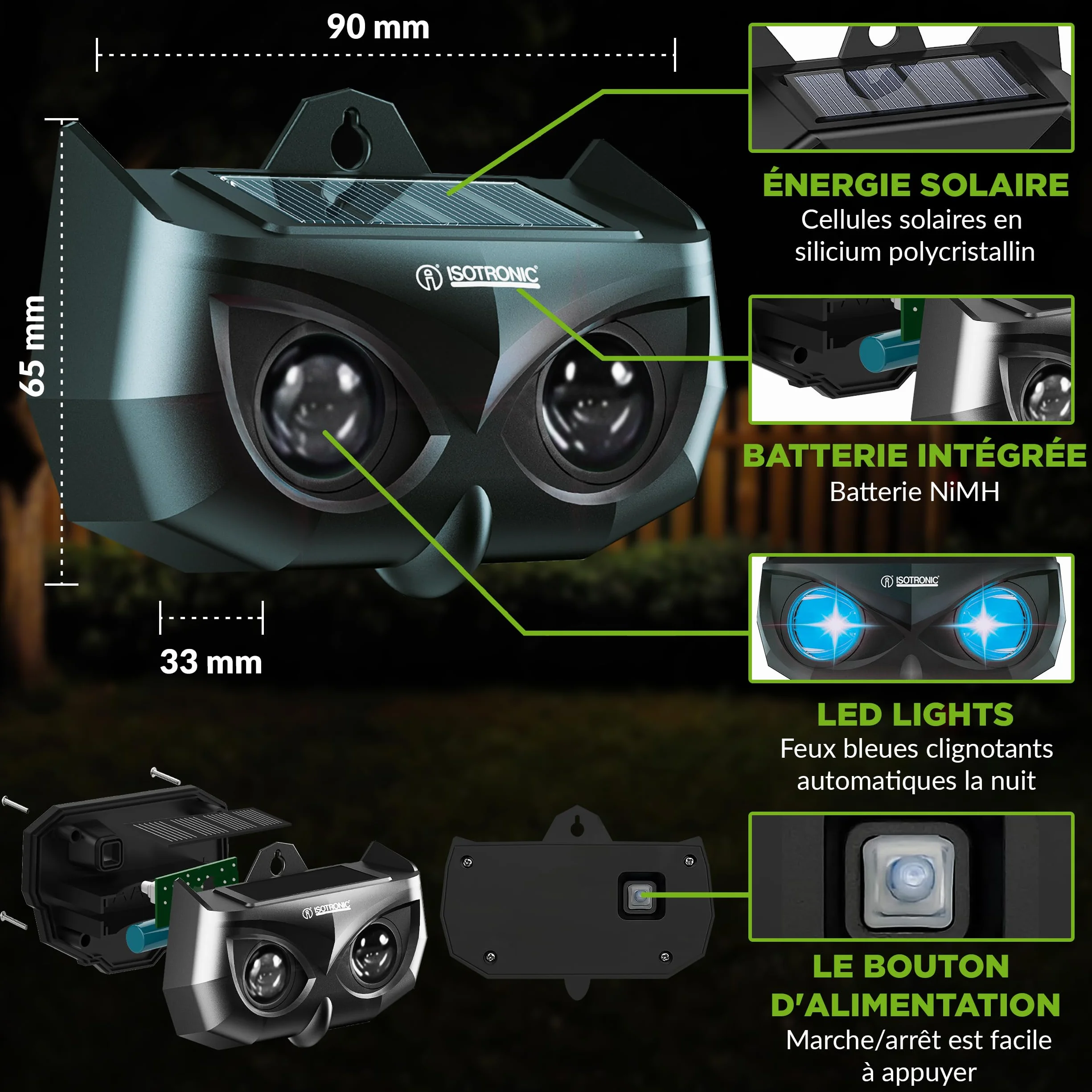 ISOTRONIC Répulsif Solaire Ratons Laveurs Cerfs Renards Sangliers Protection Animaux Sauvages LED Bleue 40 m² Lot de 4 Pièces Jardin